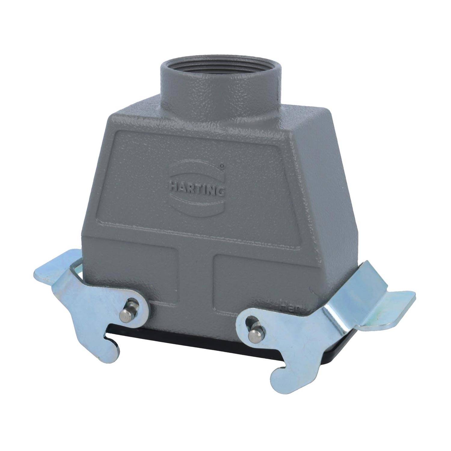 Ein grau-industrielles Anschlussgehäuse mit Metallverriegelungen, beschriftet mit 'HARTING'.