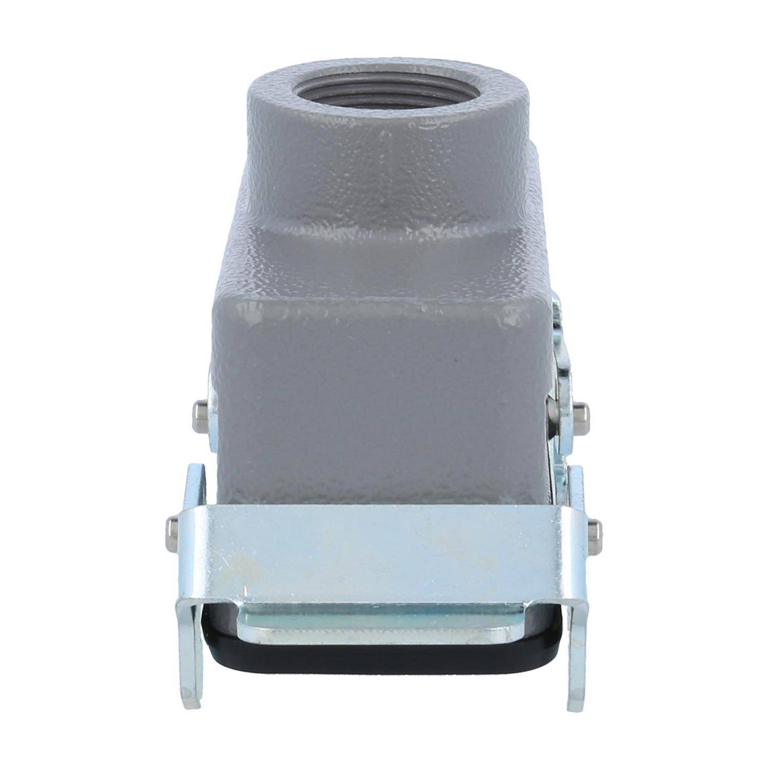 Ein grauer industrieller Anschluss mit einer verschraubbaren Öffnung oben und einer Metallklemme unten zum Befestigen von Kabeln.