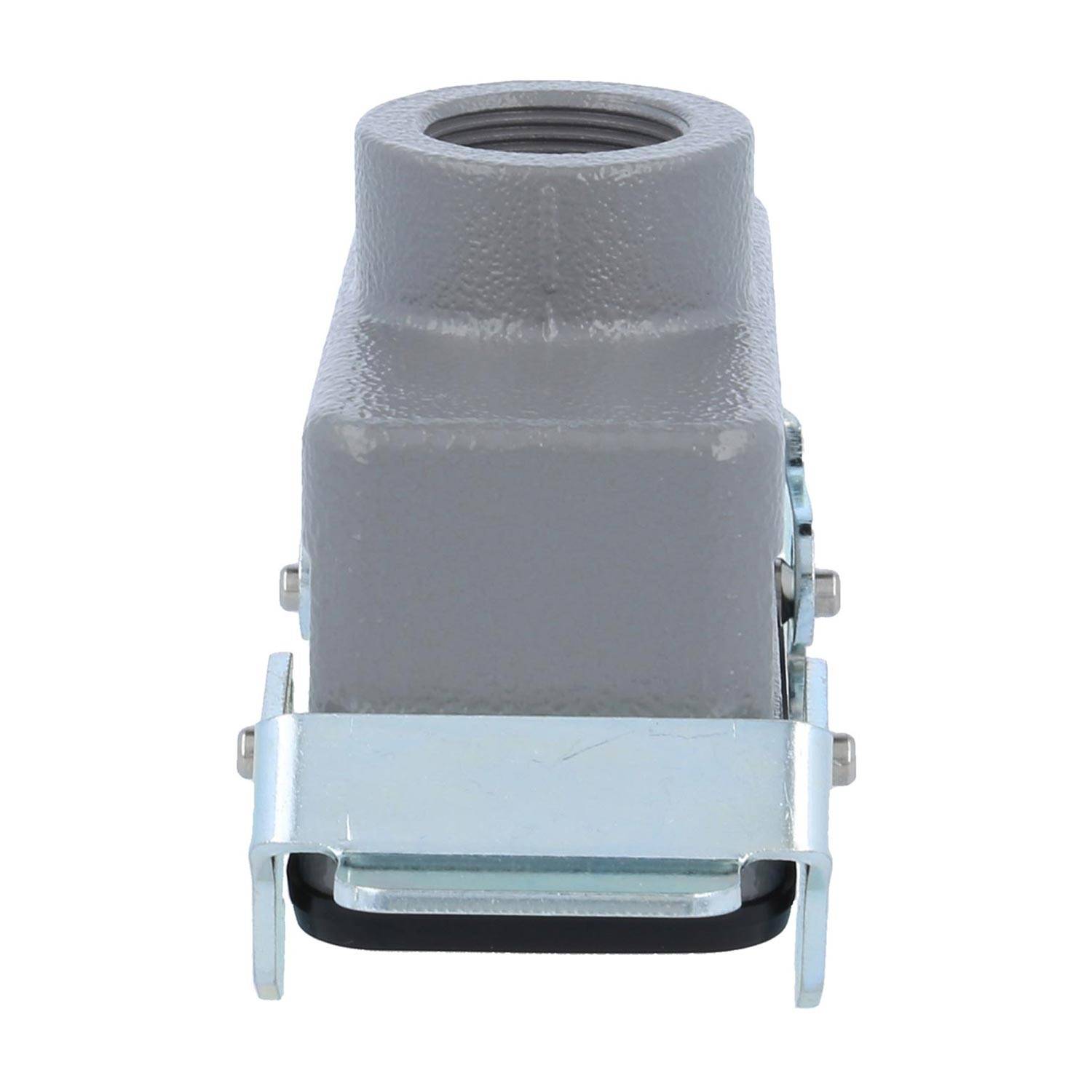 Ein grau-industrielles Anschlussgehäuse mit einem Metallverschluss, von vorne betrachtet, typischerweise in elektrischen Anwendungen für Kabelverbindungen verwendet.