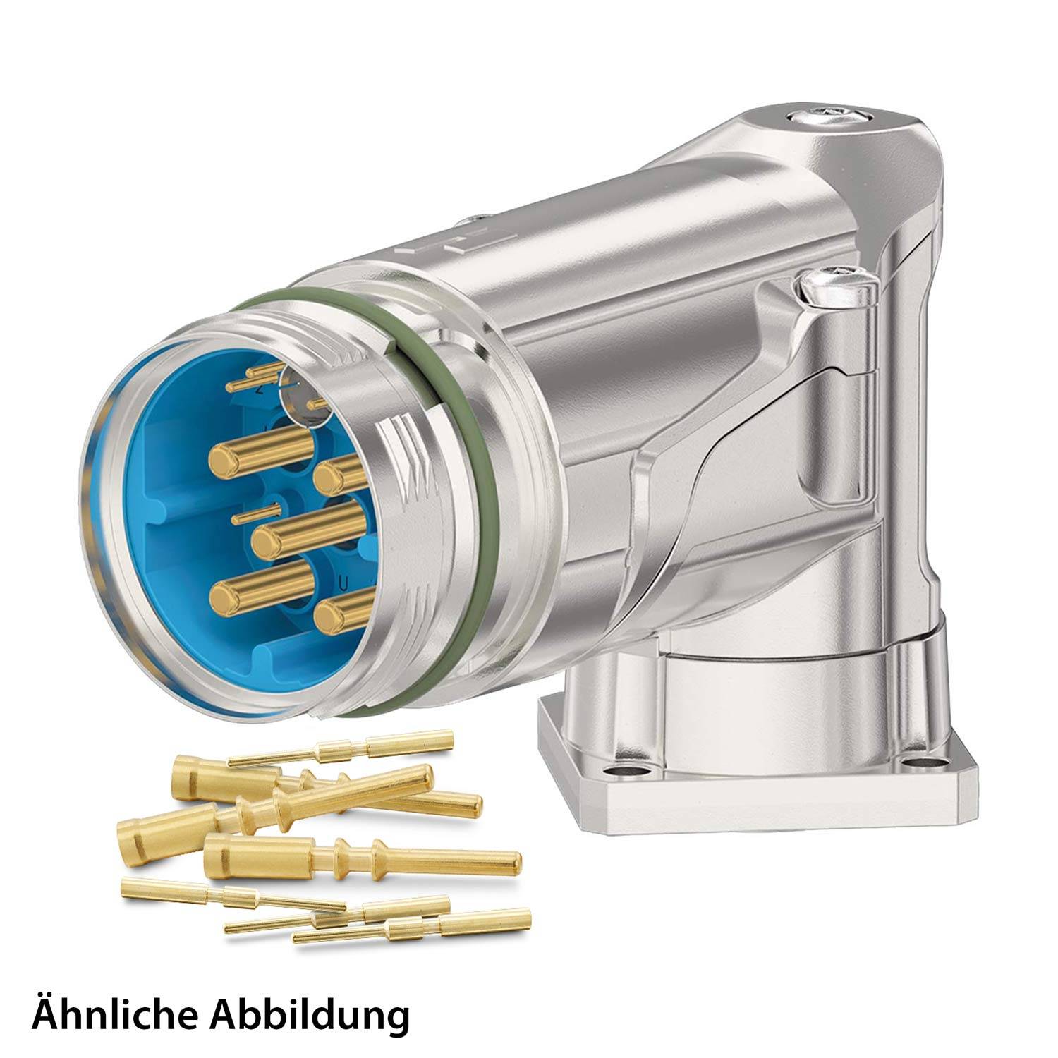 Ein ähnliches Bild erscheint auf Deutsch unterhalb eines metallischen Verbinders mit elektrischen Pins und einem blauen Innenbereich, der Komponenten und Design zeigt.