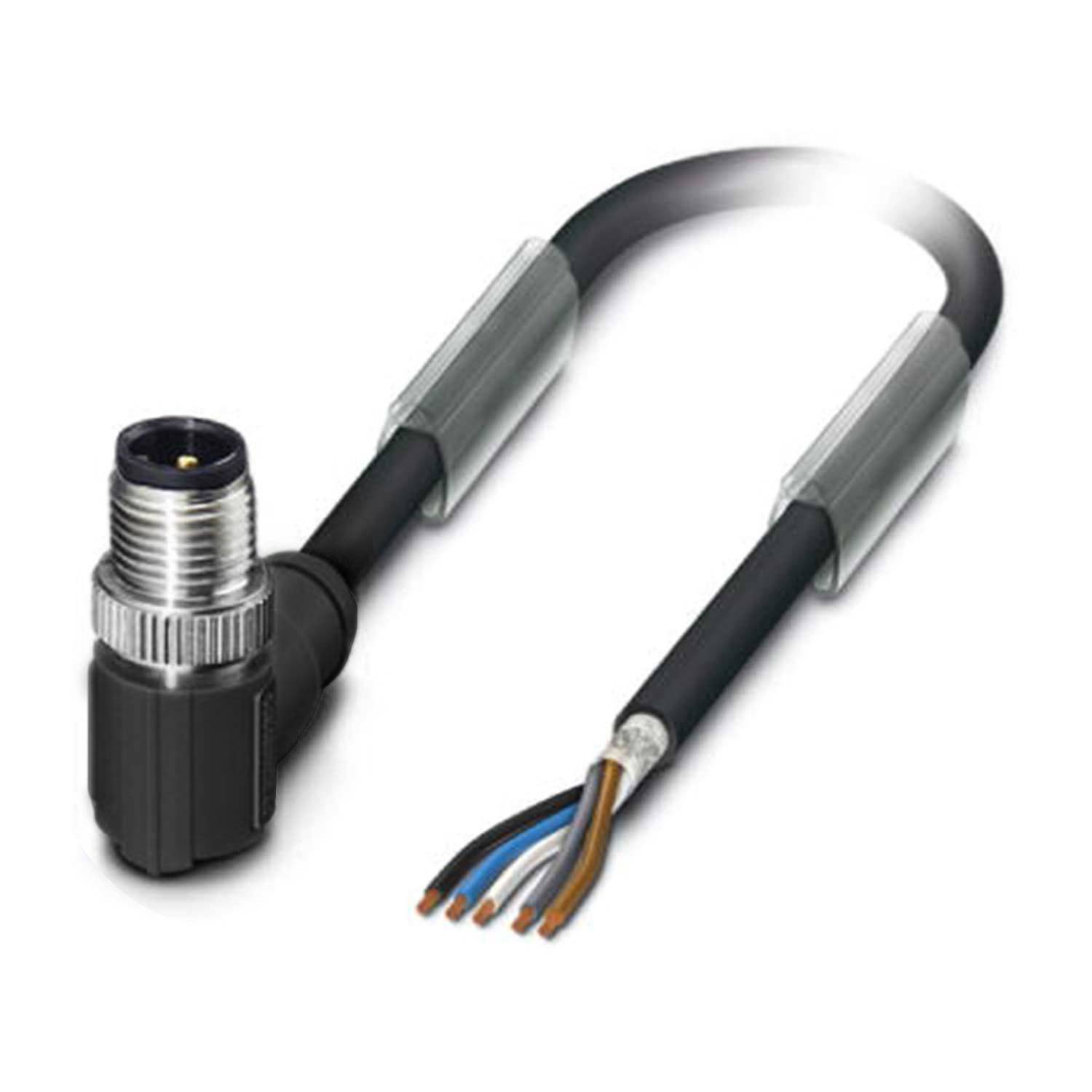 Ein schwarzes Kabel mit metallischen Anschlüssen an beiden Enden, einschließlich eines Steckers mit einem kreisförmigen Anschluss auf der einen Seite und freigelegten Drähten auf der anderen Seite.