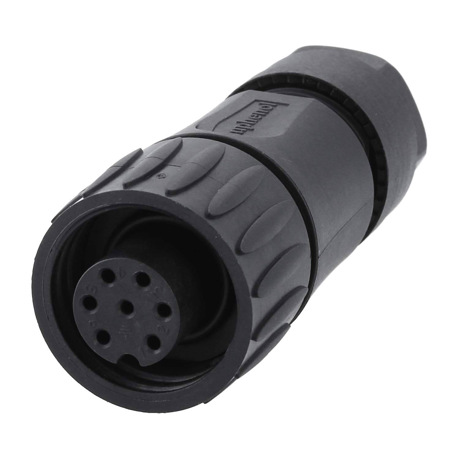 Ein schwarzer Mehrpolstecker mit zylindrischer Form und geriffelte Griffgestaltung.