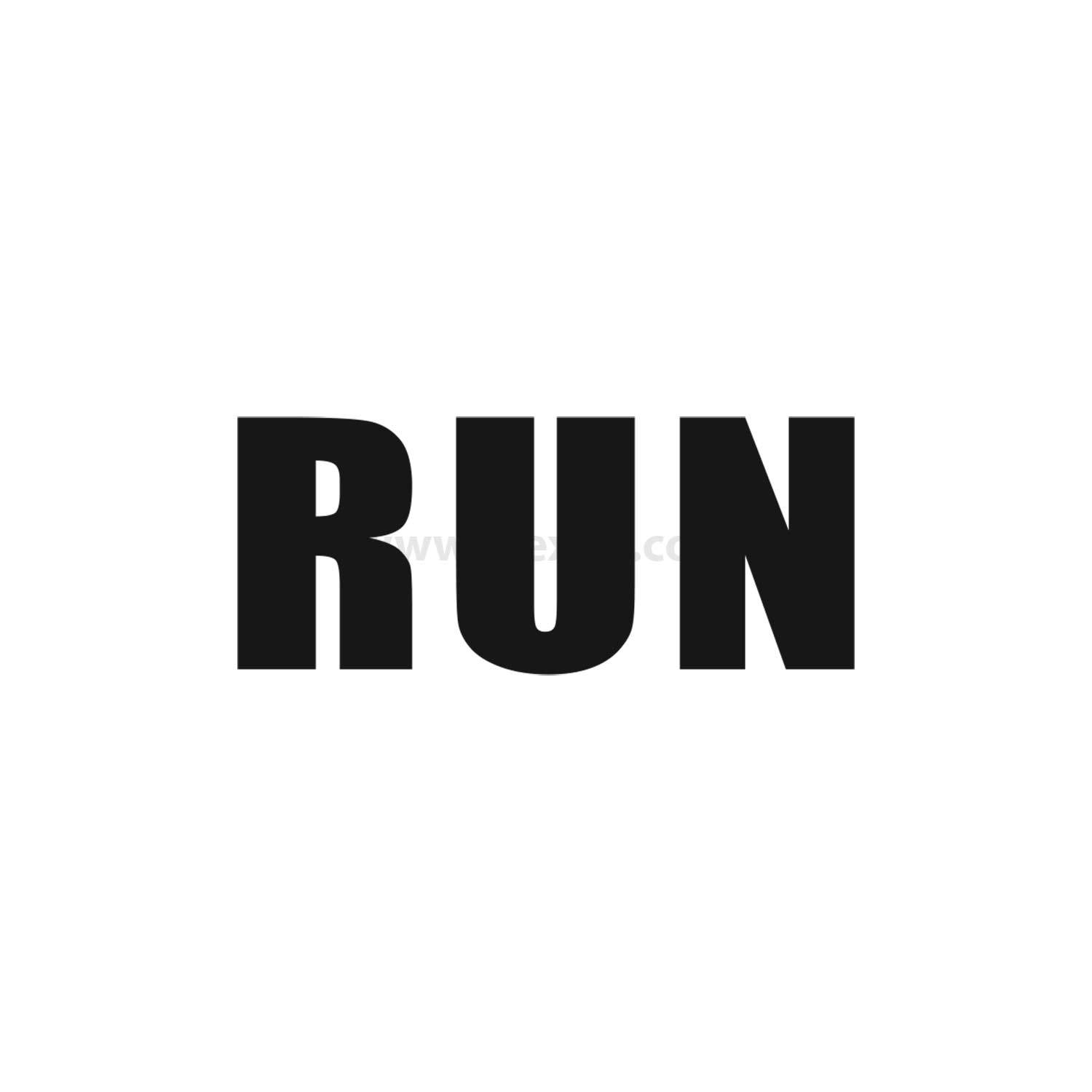 Das Bild zeigt das Wort 'RUN' in fetten schwarzen Buchstaben auf einem schlichten weißen Hintergrund.