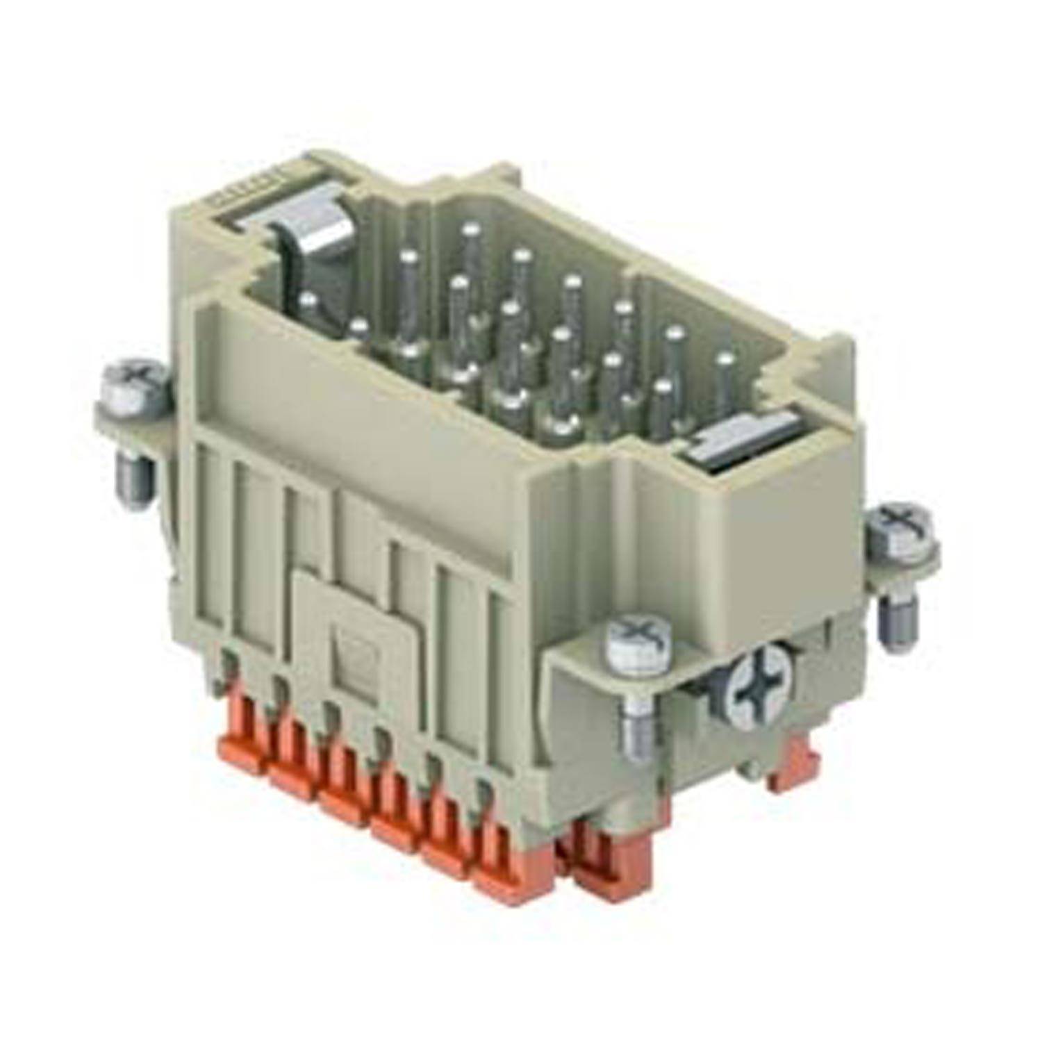 Ein rechteckiger elektrischer Verbinder mit mehreren metalischen Pins und Schrauben, konzipiert für industrielle Anwendungen.