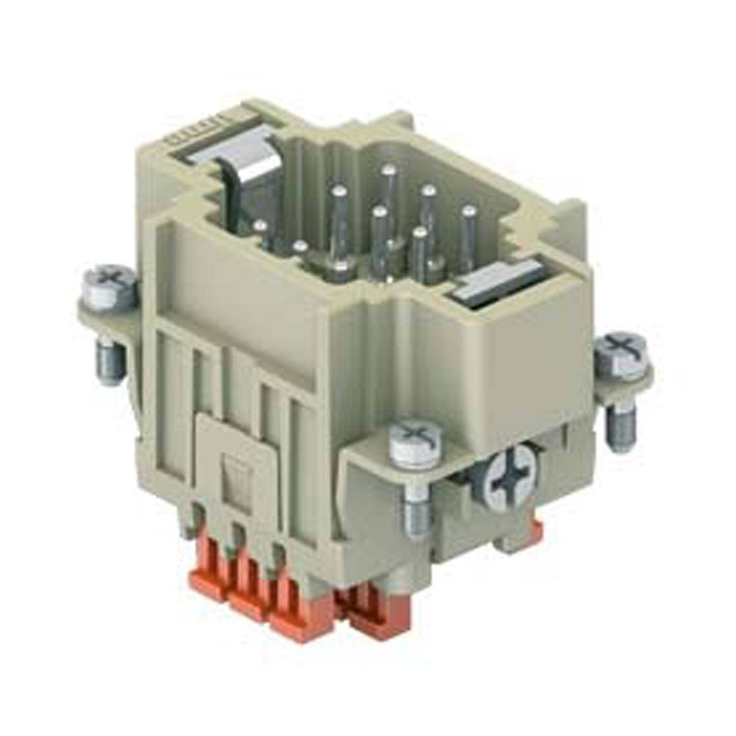 Ein beige rechteckiger elektrischer Anschluss mit mehreren Metallstiften, umgeben von Schrauben, bietet eine sichere Schnittstelle für Verbindungen.