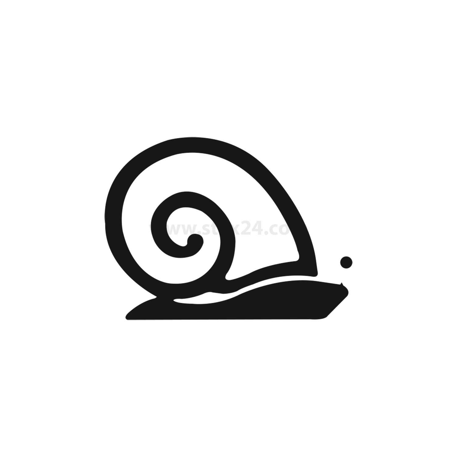 Eine einfache, stilisierte schwarze Silhouette einer Schnecke mit einer Spiralschale auf weißem Hintergrund.