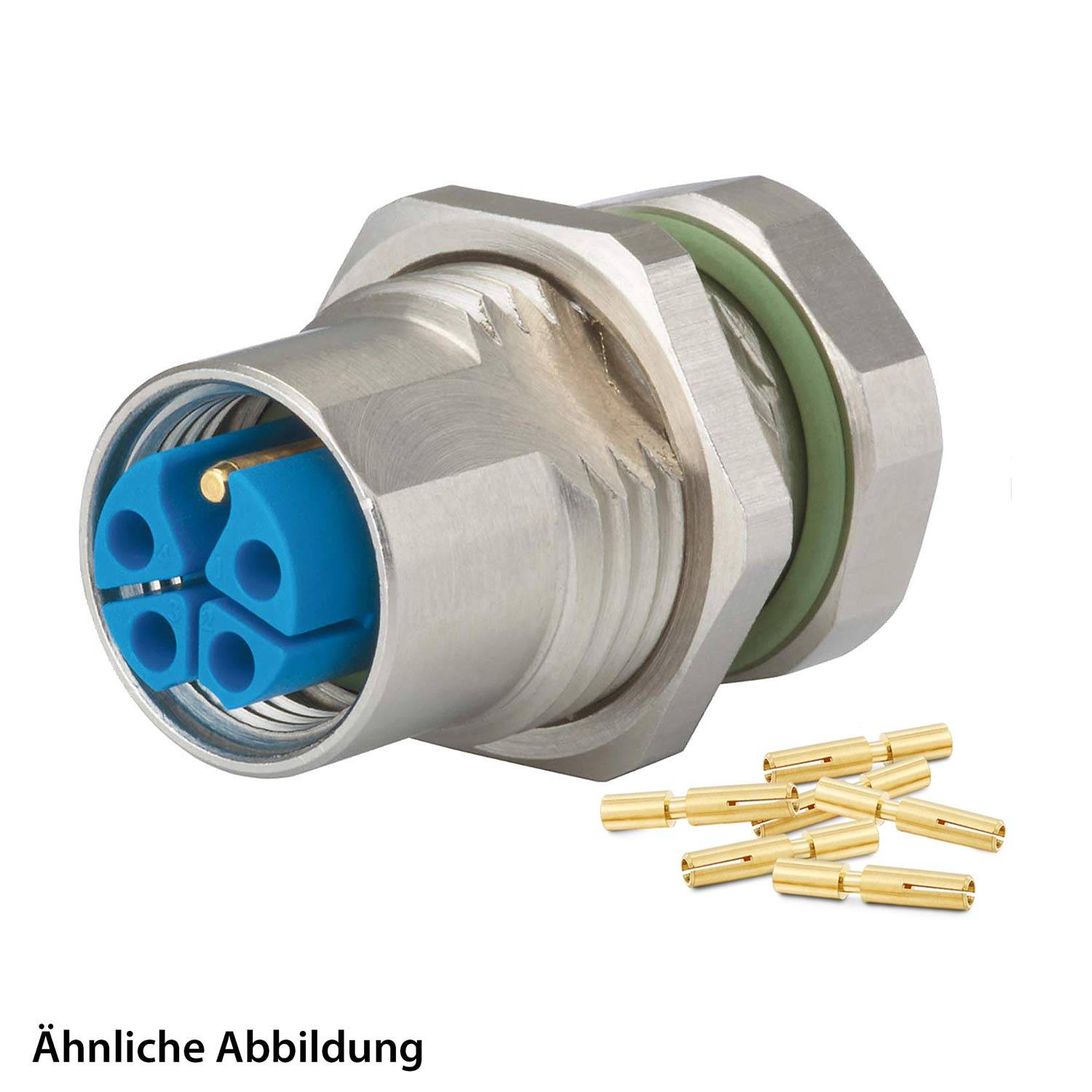 Ein zylindrischer Metallverbinder mit blauen Innenkomponenten und mehreren goldenen Pins daneben.