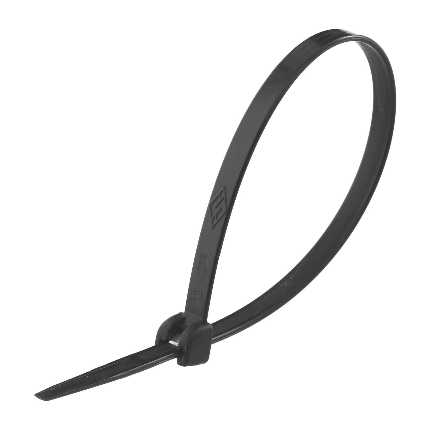 Eine schwarze Kabelbinder-Schlaufe, die teilweise befestigt ist und ein typisches Befestigungs- und Bündelungswerkzeug für Drähte und Kabel veranschaulicht.