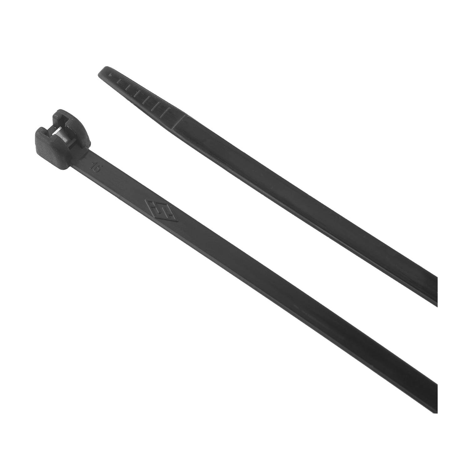 Zwei schwarze Kabelbinder, einer über dem anderen gestapelt, die das geriffelte Ende und den Verschlussmechanismus zeigen.