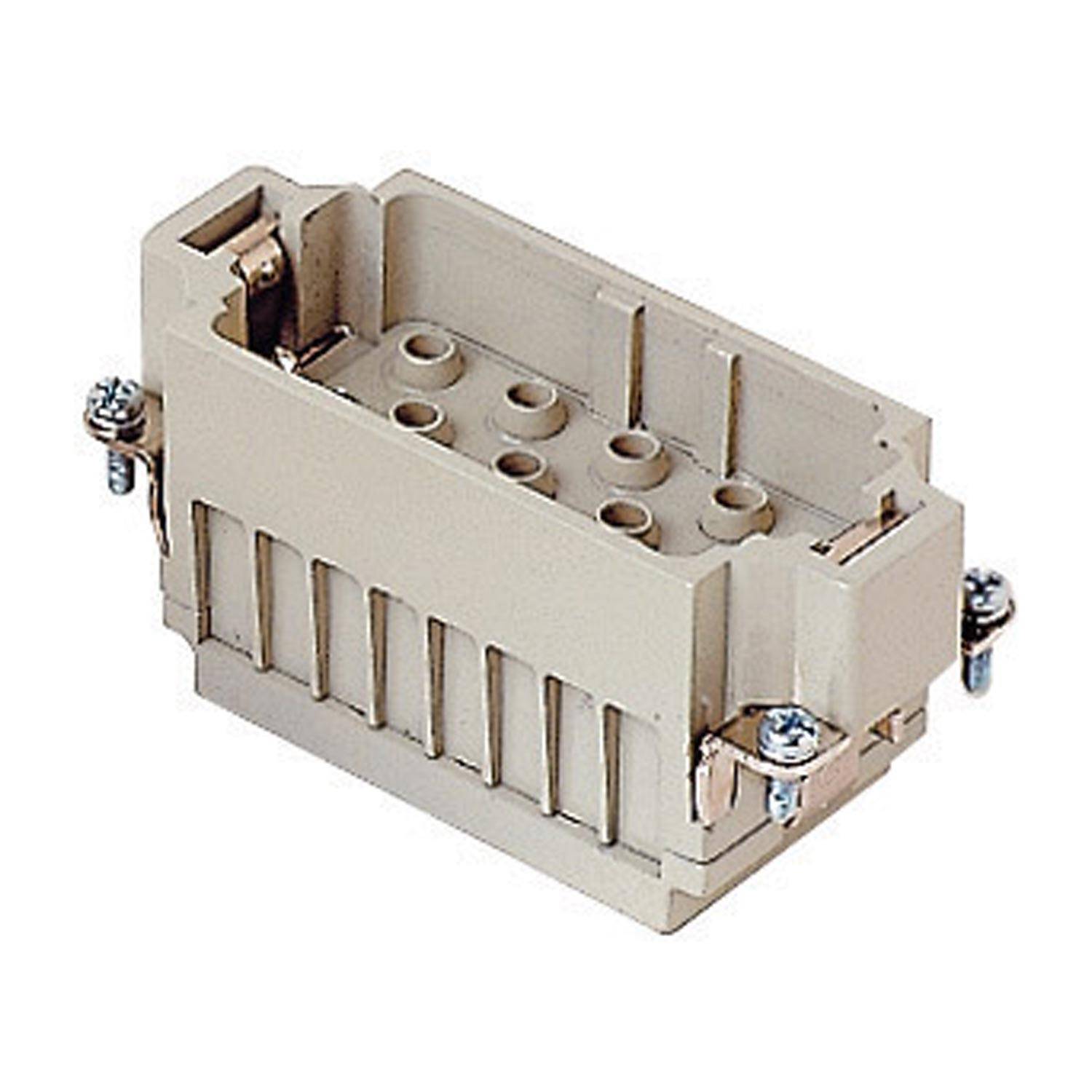 Ein rechteckiger beige Elektroverbinder mit mehreren Anschlüssen und Metallschrauben an der Seite zum Befestigen.