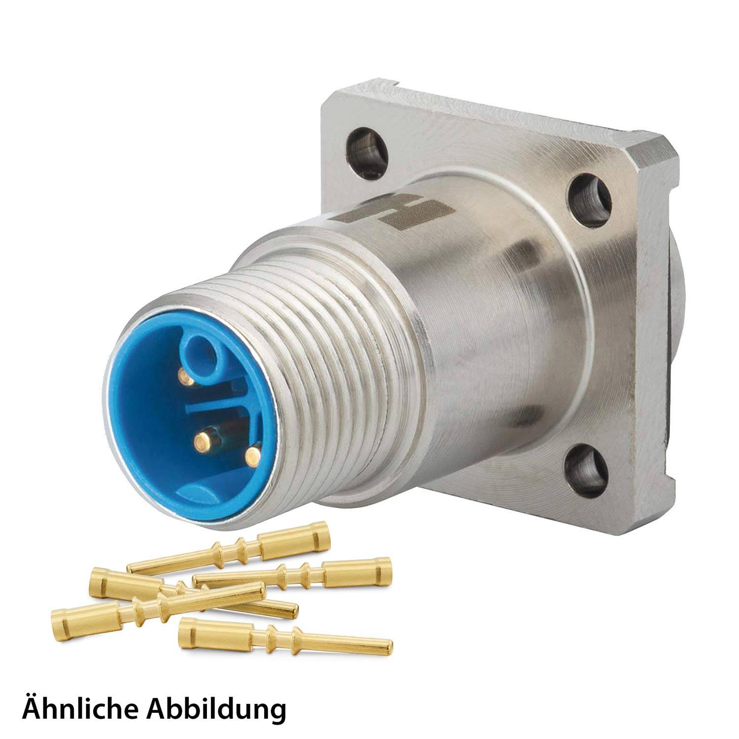 Ein ähnliches Bild zeigt einen metallischen elektrischen Anschluss mit blauem Innenbereich und vier Löchern, zusammen mit mehreren goldenen Pins.