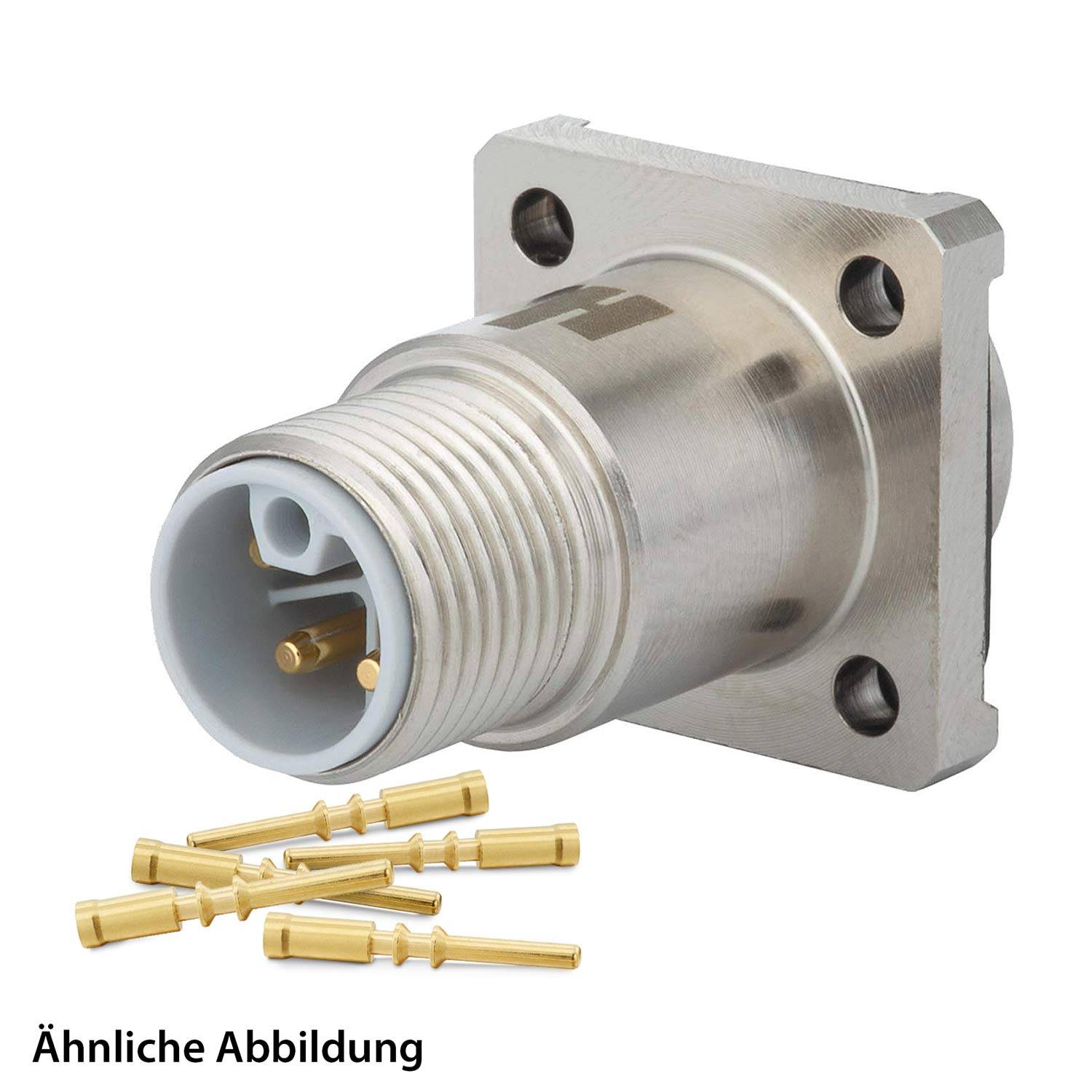 Frontansicht eines metallischen elektrischen Verbindungsstücks mit gewindeter Gehäuse und mehreren vergoldeten Kontaktstiften, dargestellt mit zusätzlichen losen Stiften.