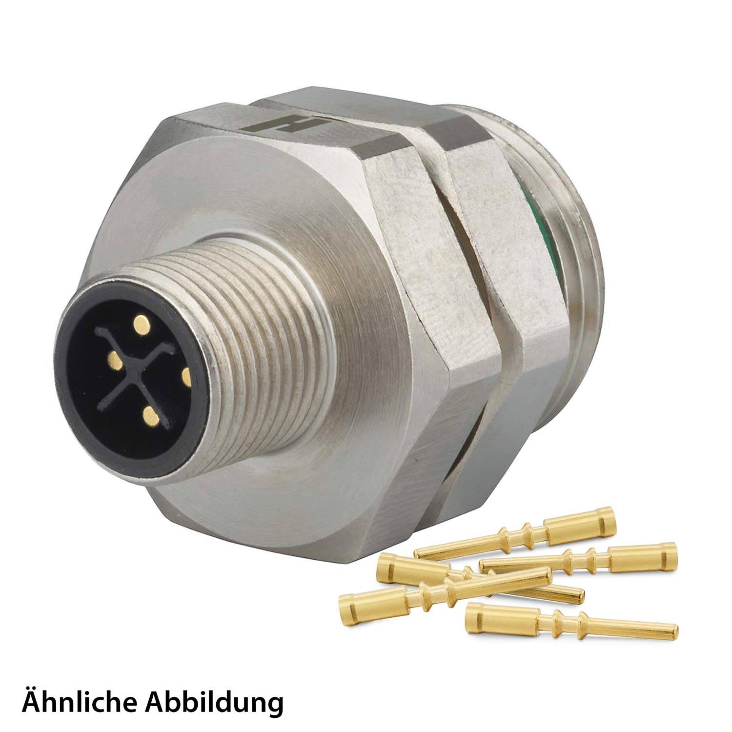 Eine 'ähnliche Abbildung' zeigt einen zylindrischen Metallverbinder mit mehreren Pins und separaten Goldkontakten.