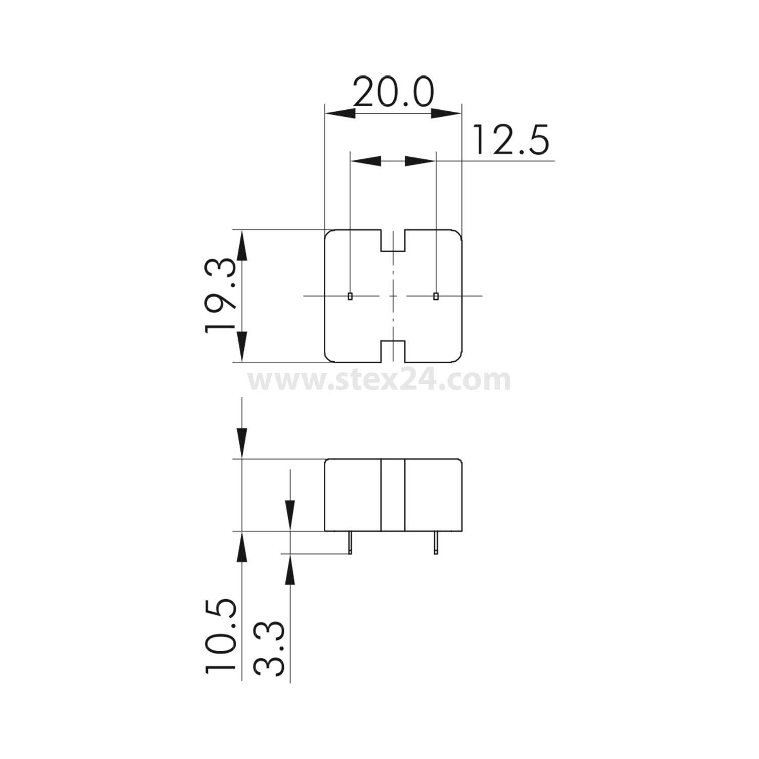 Diagramm zur Darstellung der Abmessungen einer Komponente: Draufsicht Breite 20,0 mm, Tiefe 12,5 mm, Höhe 19,3 mm; Seitenansicht Höhe 10,5 mm.