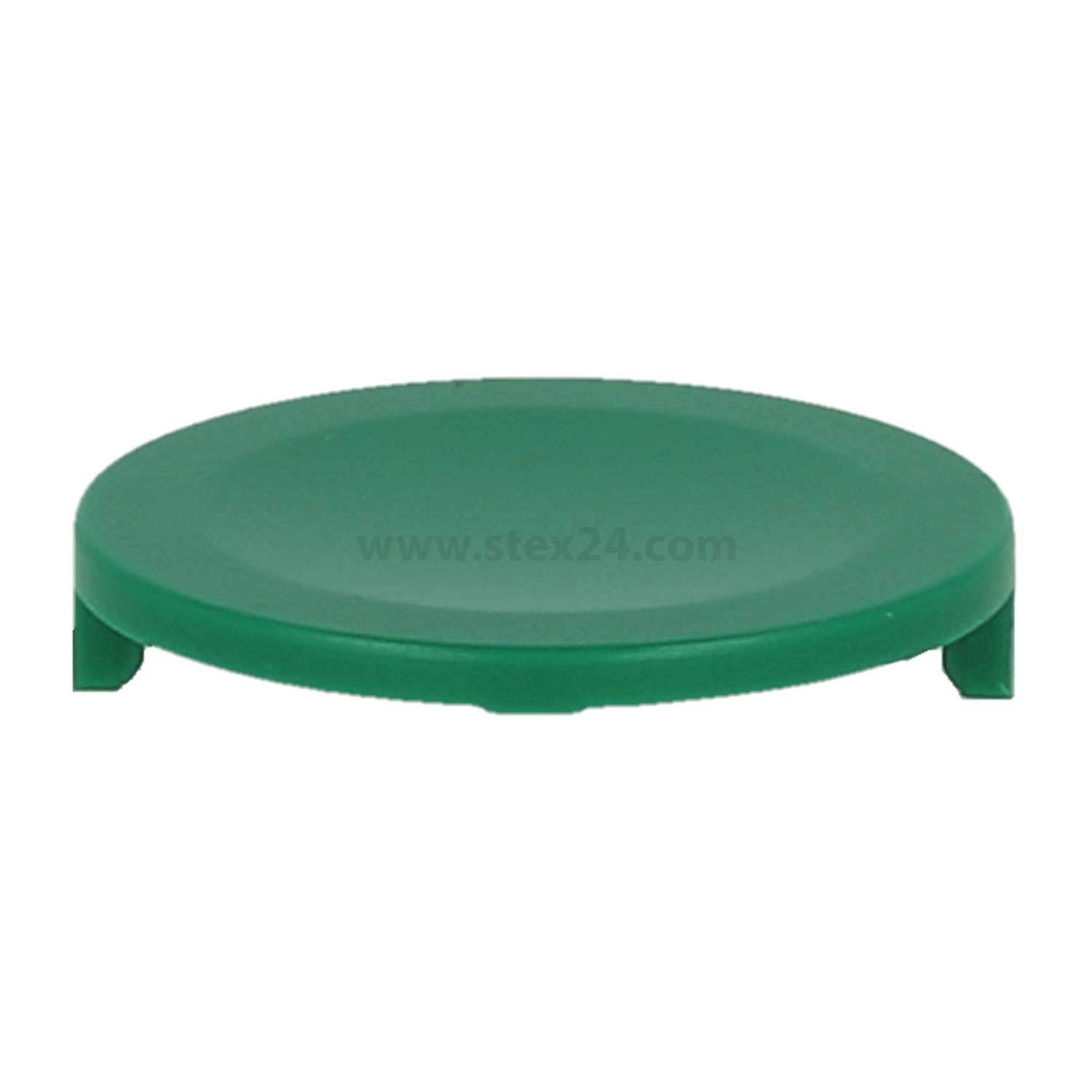 Ein grüner Plastikdeckel mit einer flachen Oberseite und kurzen, runden Seiten, von oben in leichter Schräglage betrachtet.