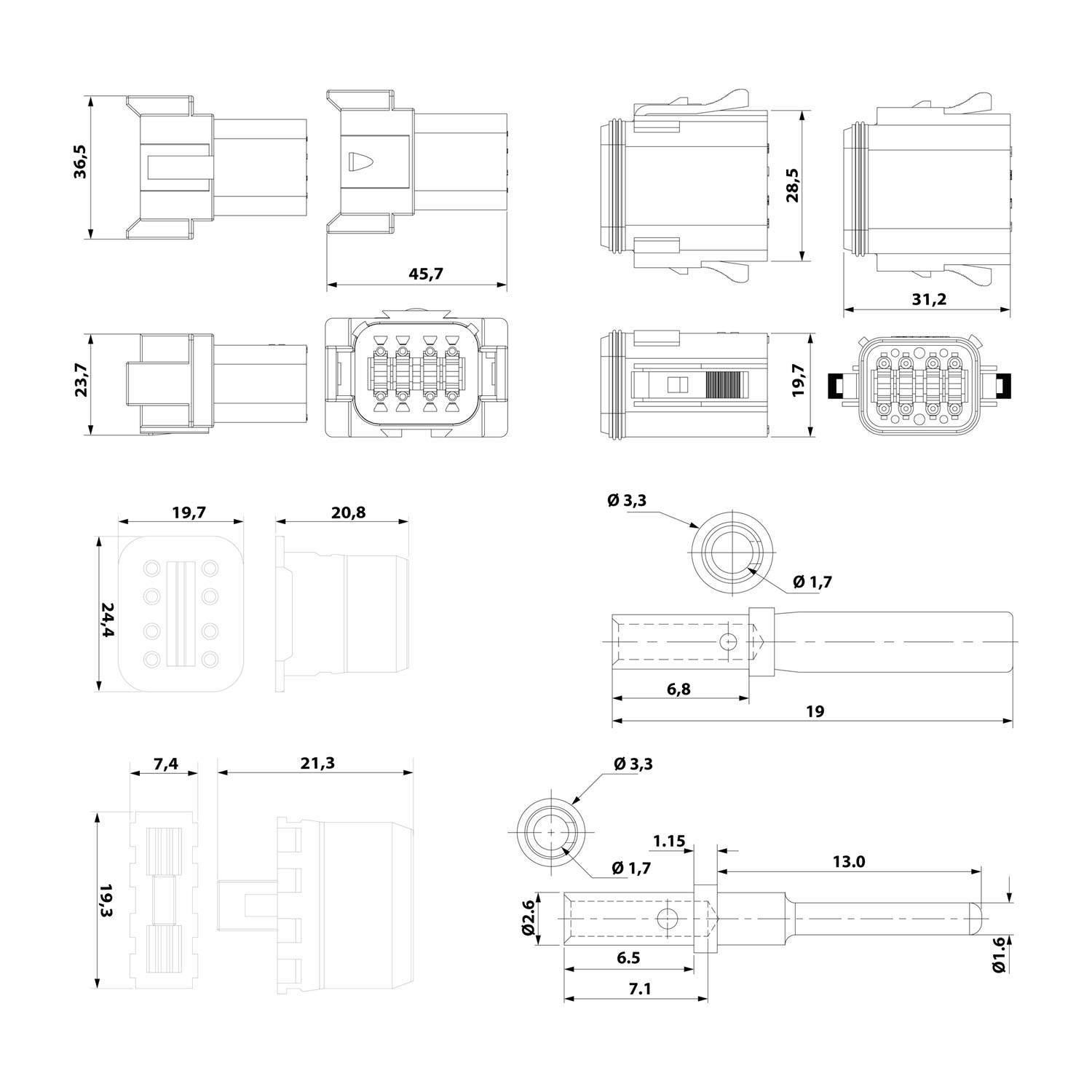 Technische Zeichnung eines elektrischen Anschlusses mit verschiedenen Ansichten und Abmessungen, einschließlich Vorder-, Seiten- und Draufsicht sowie Messungen in Millimetern.
