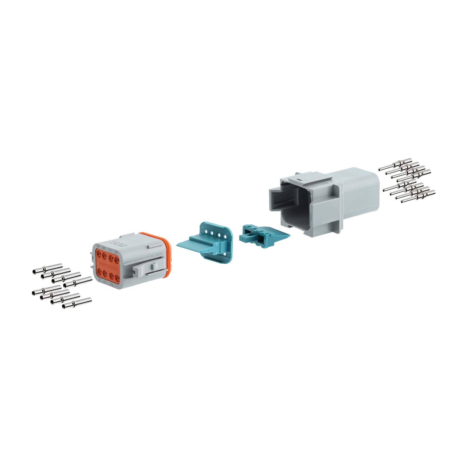 Explosionszeichnung eines grauen Automotive-Steckverbinders mit orange und blauen Komponenten, auseinandergebaut, mit sichtbaren inneren Metall-Stiften und Buchsen.