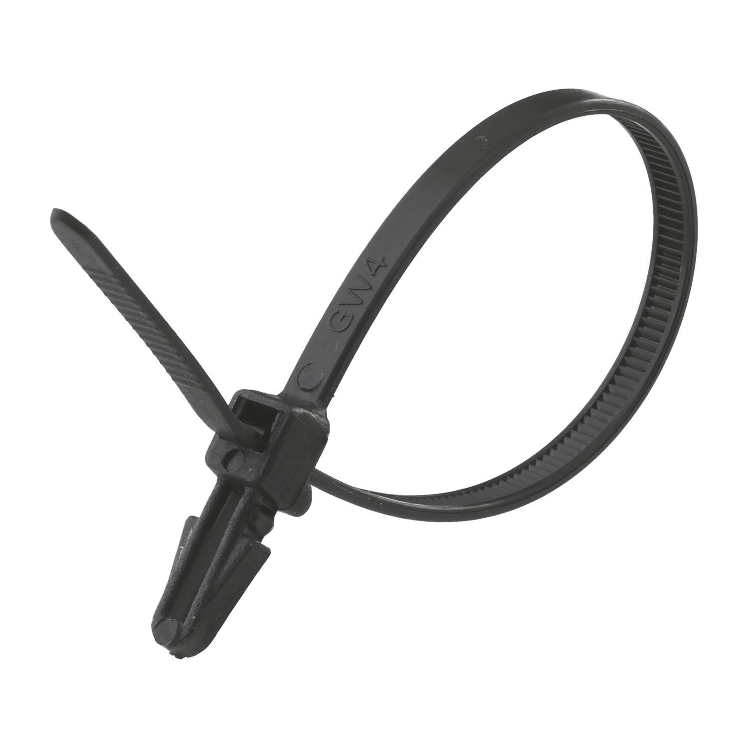 Eine schwarze Kabelbinder mit einem Ratschenmechanismus, zum Bündeln von Kabeln oder Befestigen von Gegenständen.