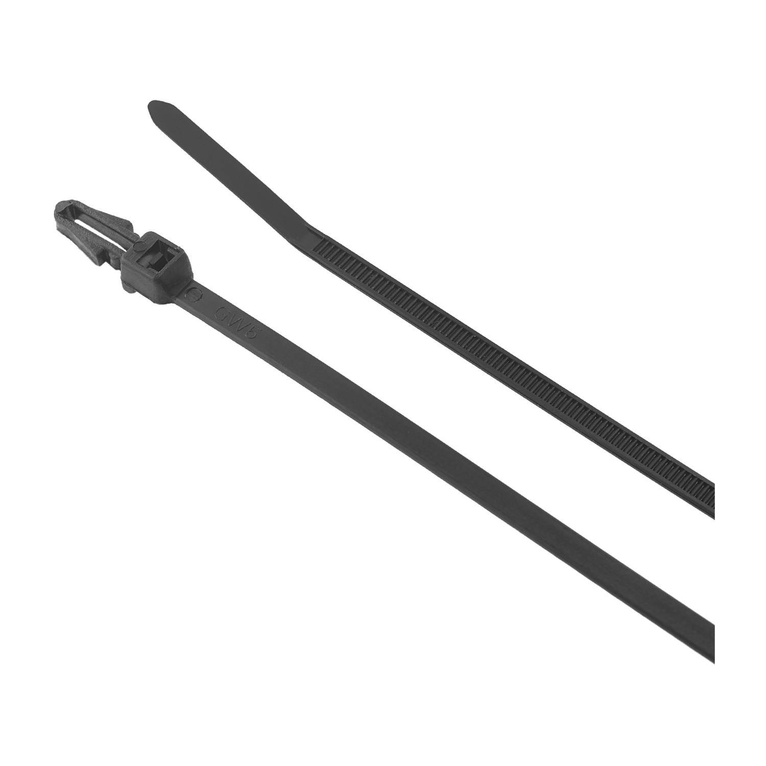 Zwei schwarze Kabelbinder, einer offen und einer geschlossen, die den Verschließmechanismus zeigen, der zum Befestigen von Kabeln oder Gegenständen entwickelt wurde.