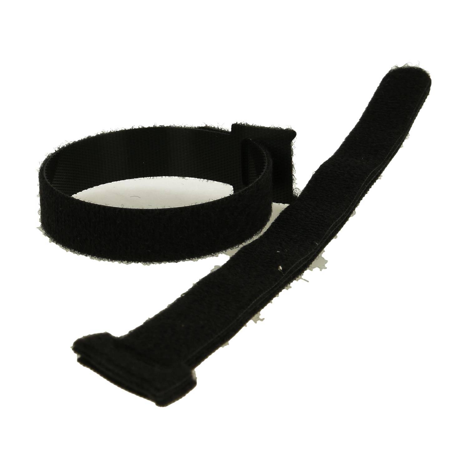 Eine schwarze Klett-Kabelbinder, entfaltet, mit sichtbaren Haken- und Schlaufenflächen, verwendet zum Organisieren und Befestigen von Kabeln oder Drähten.