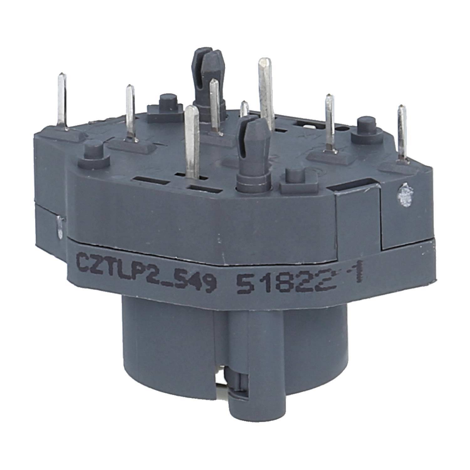 Ein grauer Drehschalter mit mehreren Metallzacken, beschriftet mit 