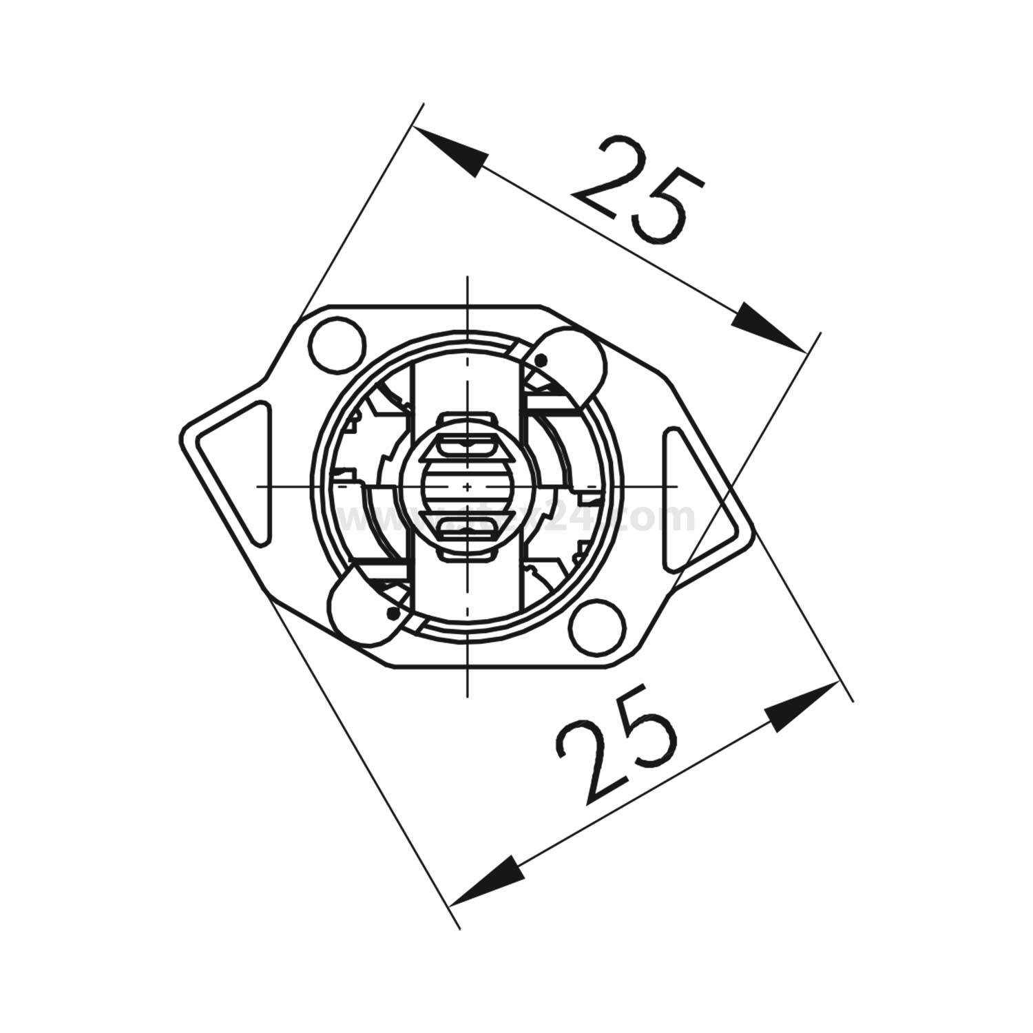 Technische Zeichnung eines Lüfterschutzes. Er zeigt eine kreisförmige Komponente mit horizontalen Rillen, eingeschlossen in ein unregelmäßiges Viereck. Zwei Pfeile zeigen Messungen von 25 Einheiten in entgegengesetzten Richtungen.