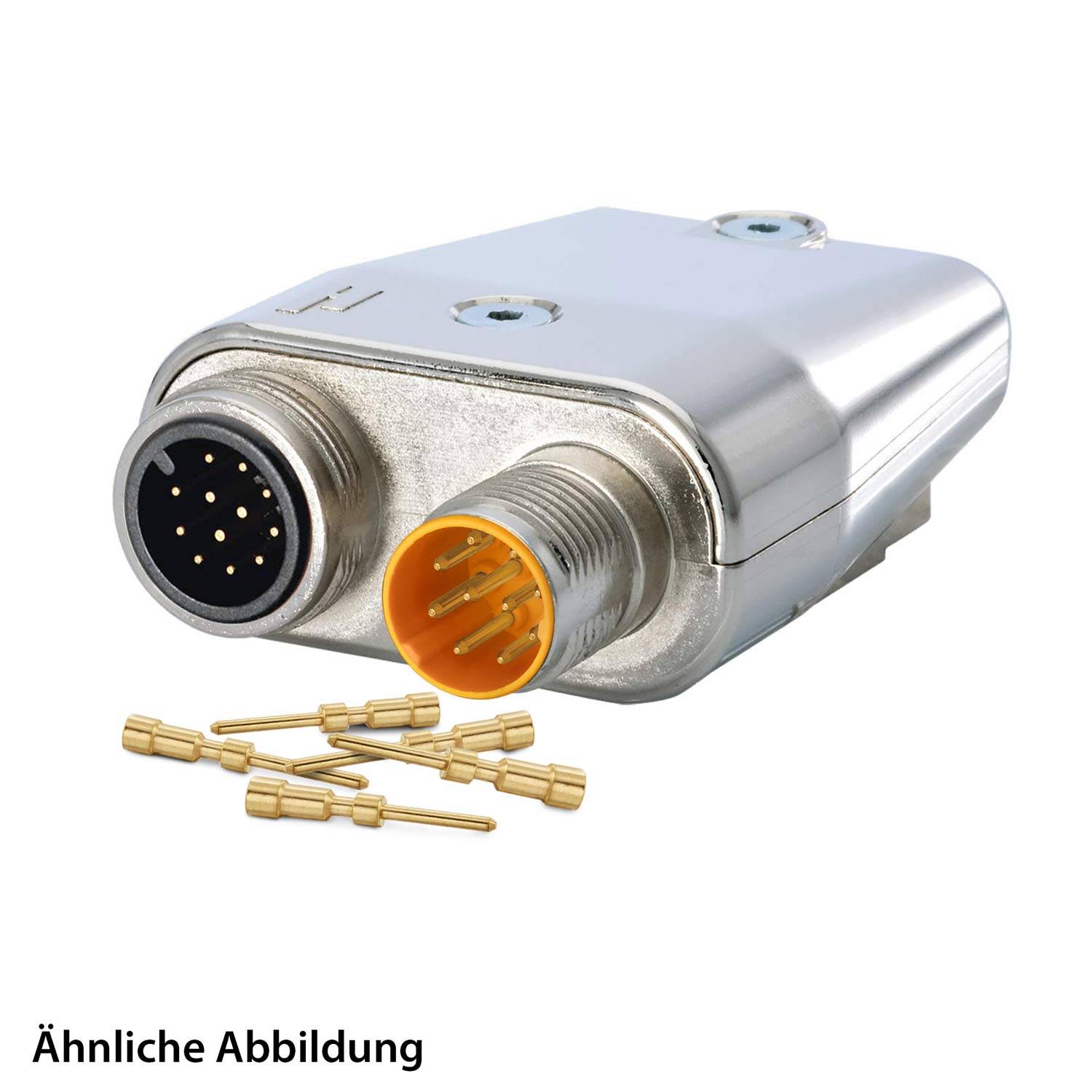 Ein metallischer Kabelverbinder mit mehreren Anschlüssen, ein Abschnitt zeigt goldene Stifte, und mehrere lose goldene Stifte sind darunter dargestellt.