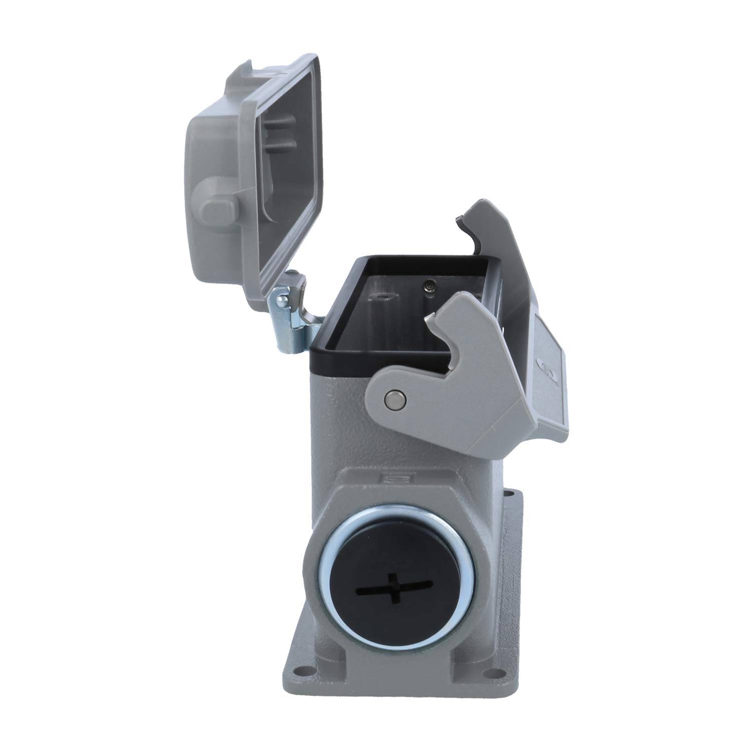 Ein grau-industrielles Verbindungsgehäuse mit offenem Deckel und freiliegendem Innenraum. Entwickelt für robuste elektrische Verbindungen mit seitlichem Verschluss.