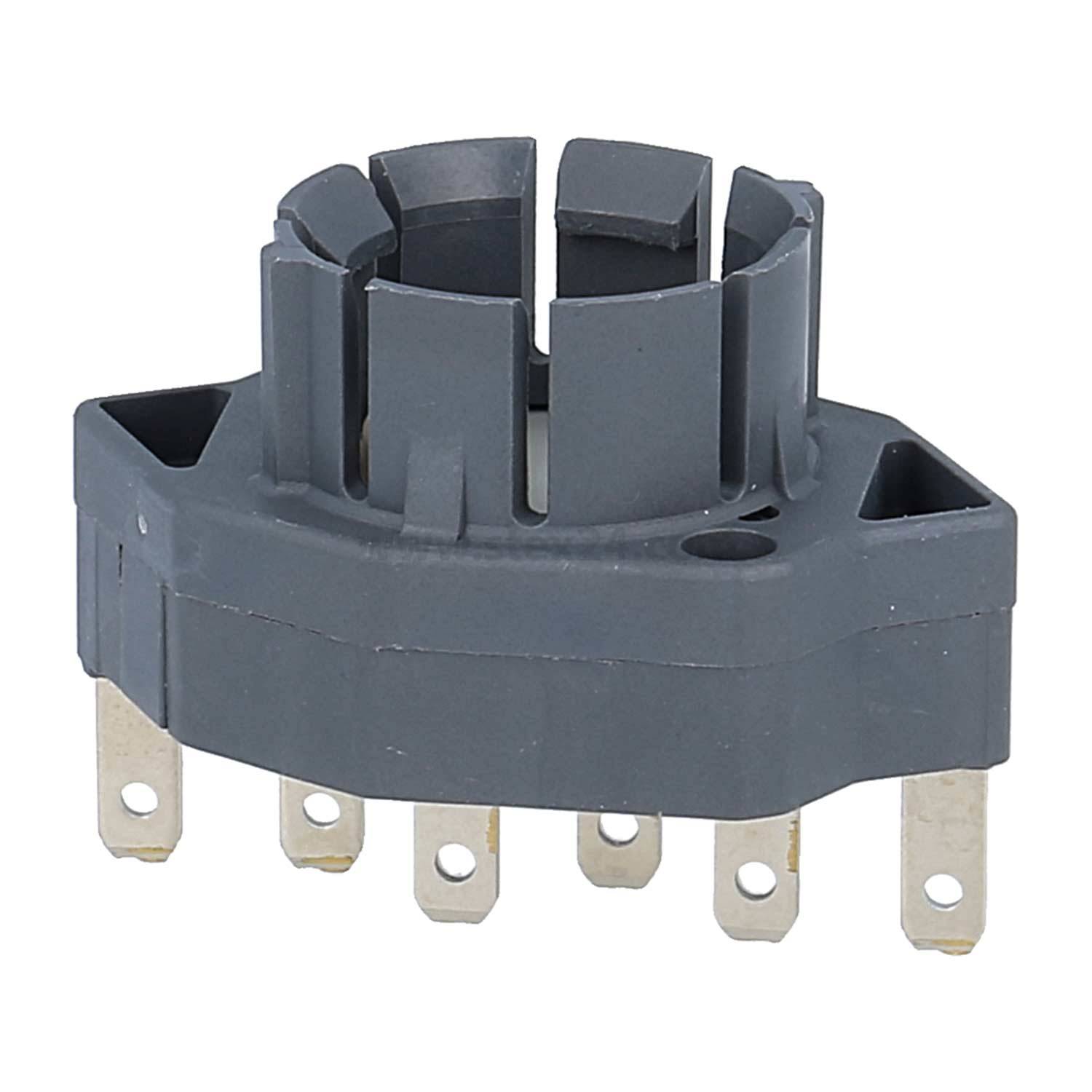 Eine siebenpolige Röhrenfassung mit einem schwarzen Kunststoffgehäuse, entwickelt zum sicheren Halten von elektronischen Vakuumröhren, mit einer kreisförmigen Mitte.