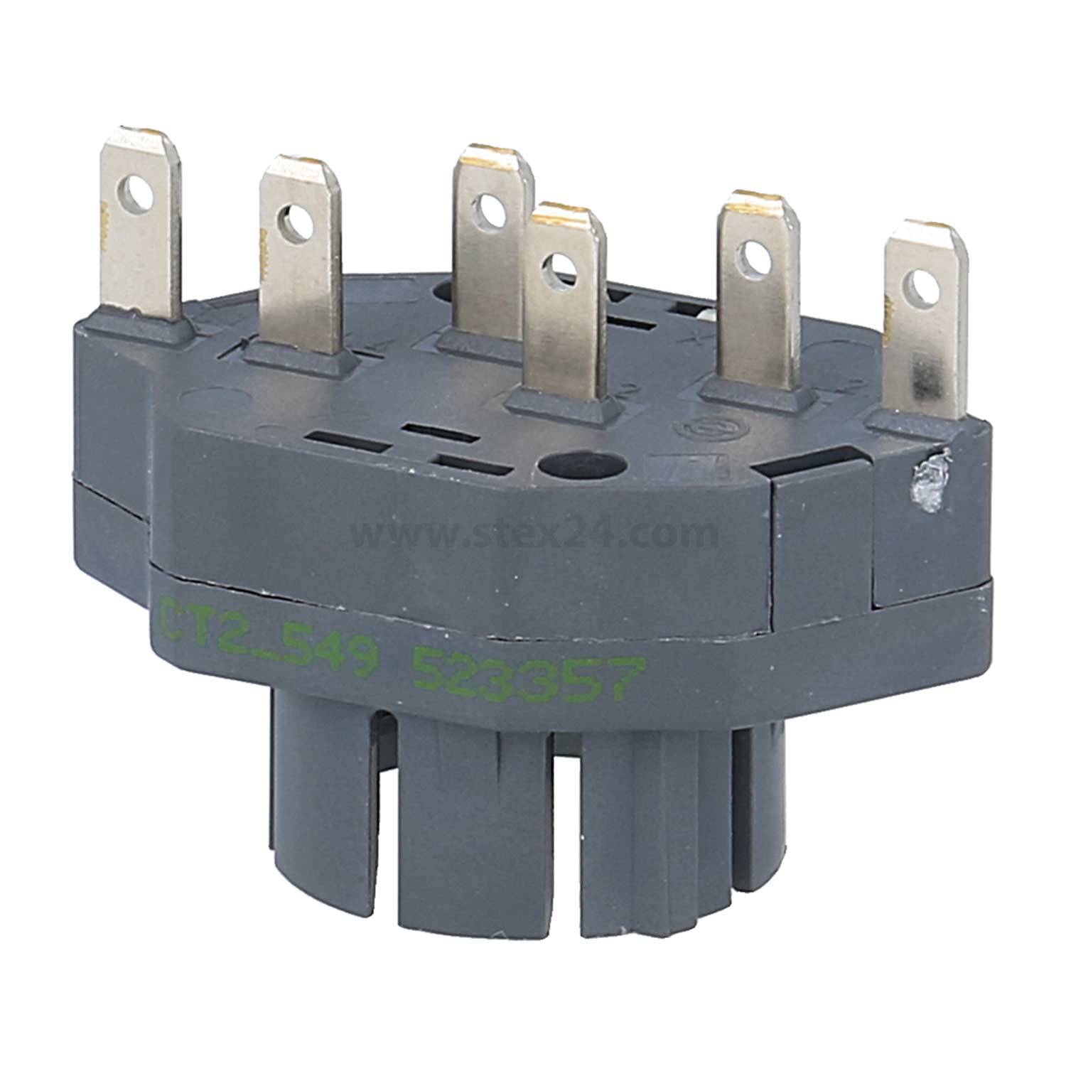 Ein siebenpoliger Drehschalter mit grauem Kunststoffgehäuse und Metallkontakten, verwendet zur Steuerung elektrischer Schaltkreise in Geräten.