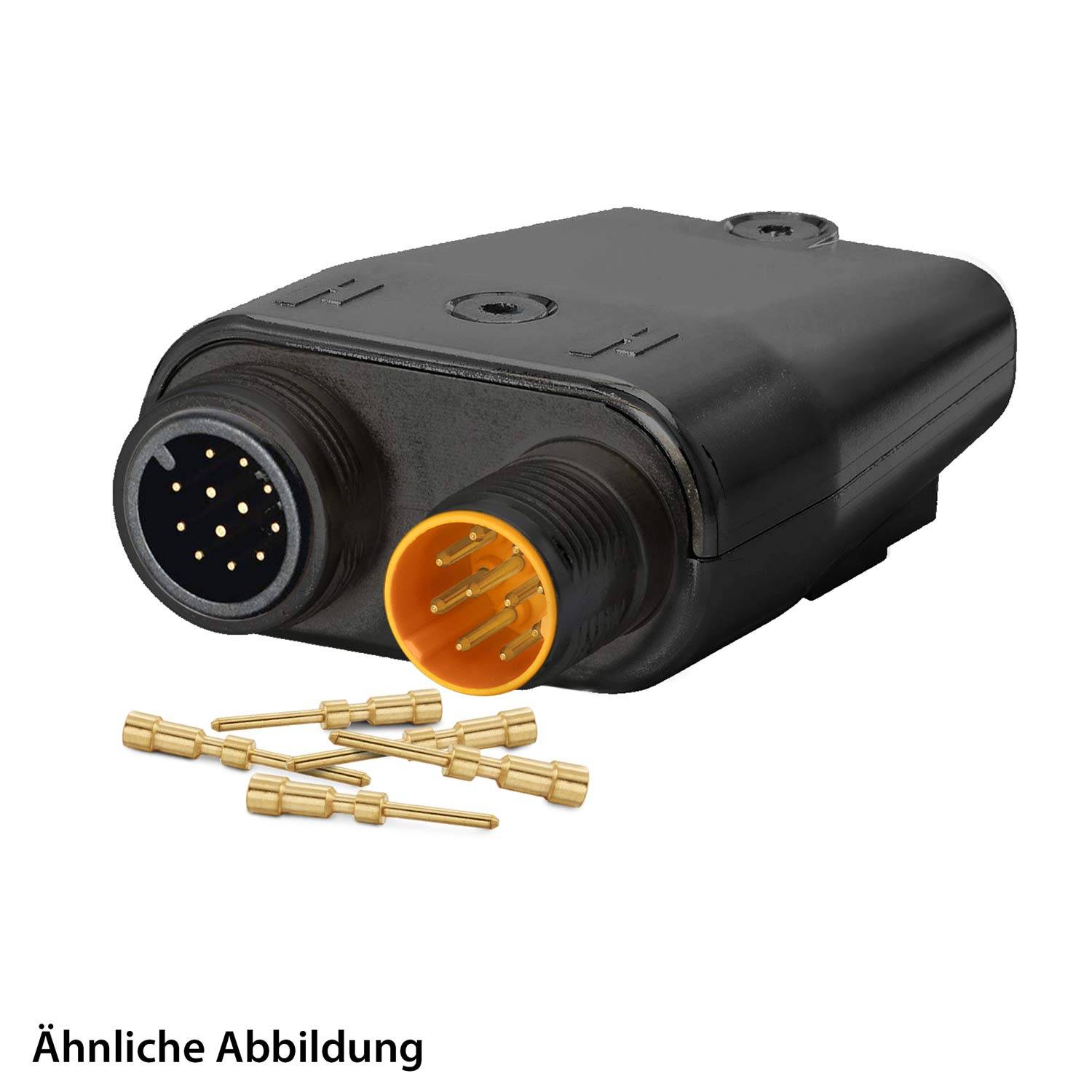 Ein Doppelstecker mit mehreren Pins, abgebildet neben mehreren kleinen goldenen Metallkontakten, liegt auf einem schlichten Hintergrund.