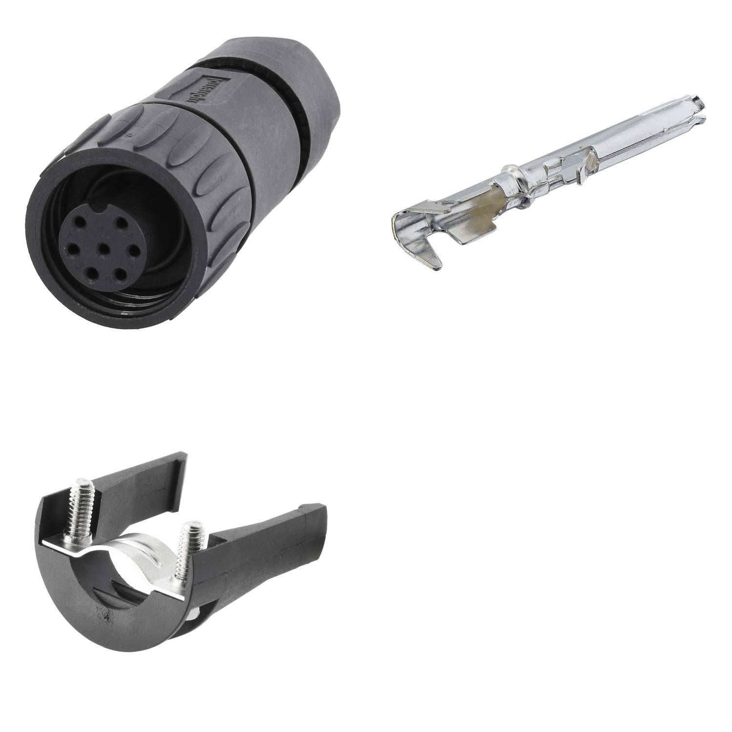 „Elektrische Komponenten: ein kreisförmiger Steckverbinder mit mehreren Pins, ein Metallstift-Extraktionswerkzeug und eine U-förmige Kabelhalterungsklammer.