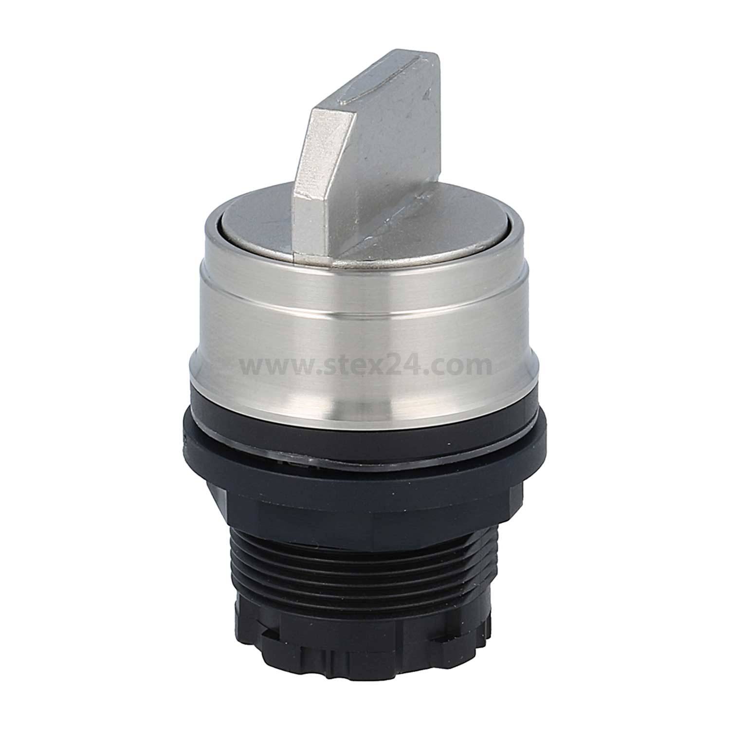 Ein zylindrischer metallischer Schalter mit schwarzer Basis und einem flachen, hervorstehenden Griff oben, der zur Steuerung von Industriemaschinen verwendet wird.