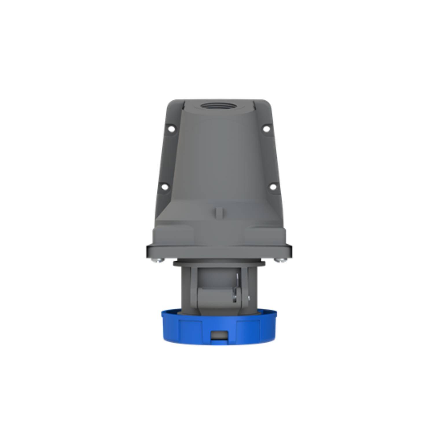 Ein grauer industrieller Steckverbinder mit einem blauen rotierenden Verriegelungsring, Frontansicht. Verwendet für sichere elektrische Verbindungen in Anwendungen mit hoher Belastung.
