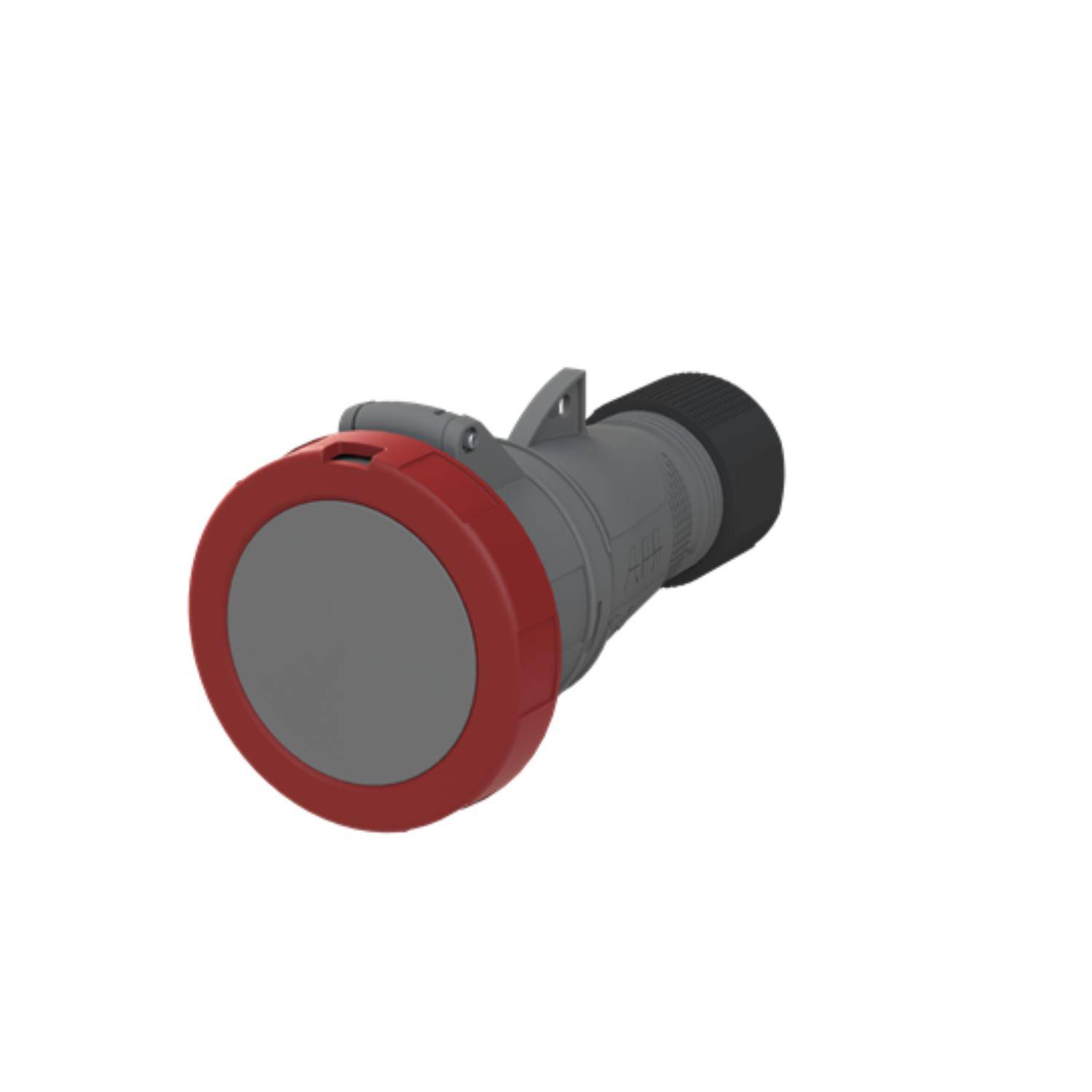 Ein grauer und roter Industriestecker mit rundem Gehäuse und seitlicher Verriegelung, verwendet für elektrische Verbindungen in Bau- oder industriellen Umgebungen.