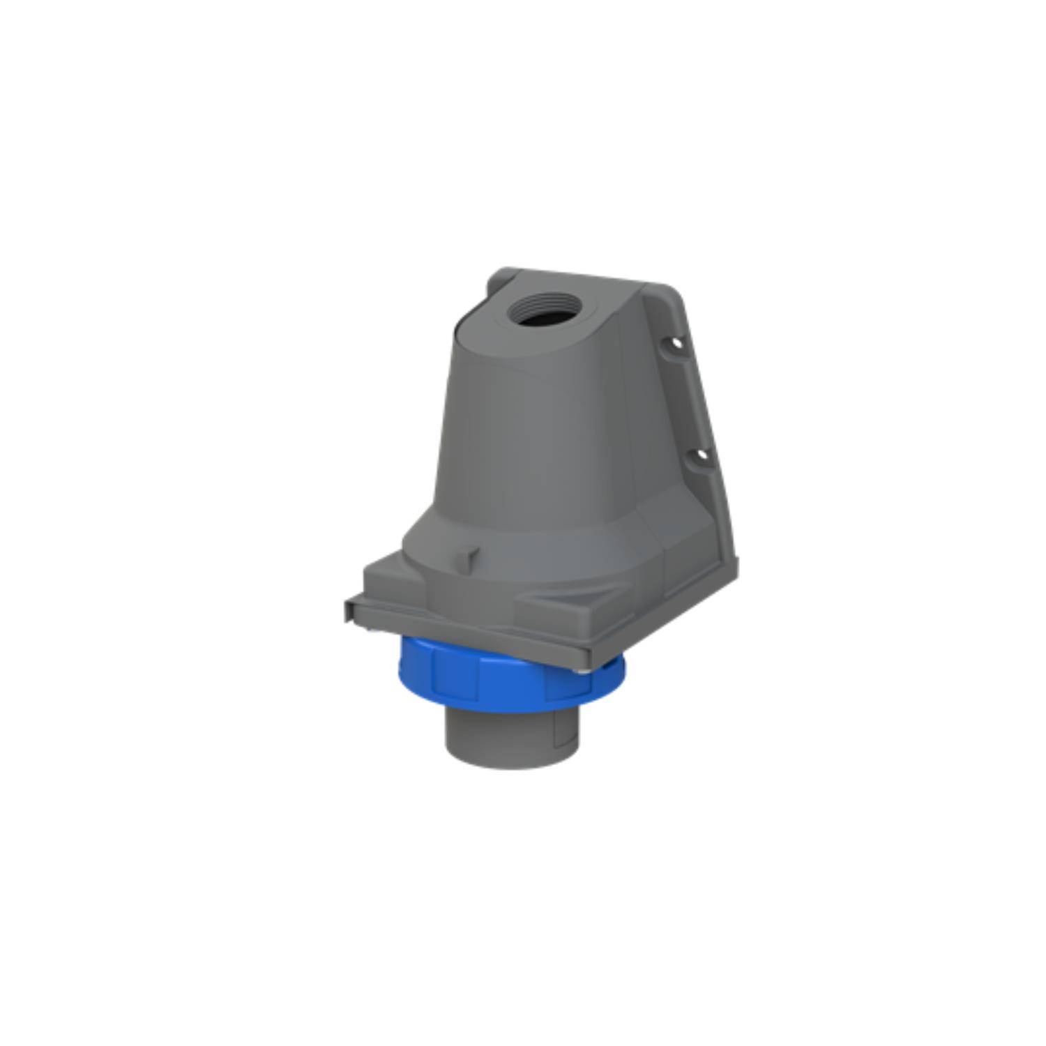 Graue 3D-gedruckte mechanische Komponente mit Montagebasis und blauer kreisförmiger Befestigung.