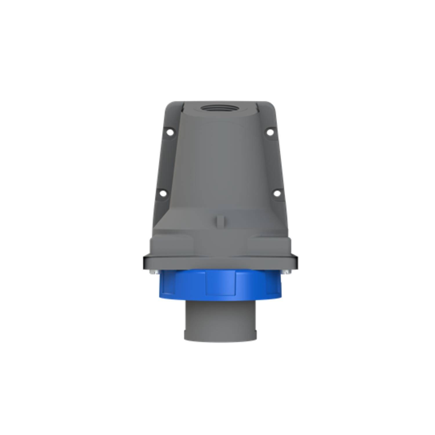 Industrielle Steckergehäuse mit einem blauen Ring, grauem Gehäuse und Befestigungslöchern, Draufsicht für elektrische Anschlusseinrichtung.