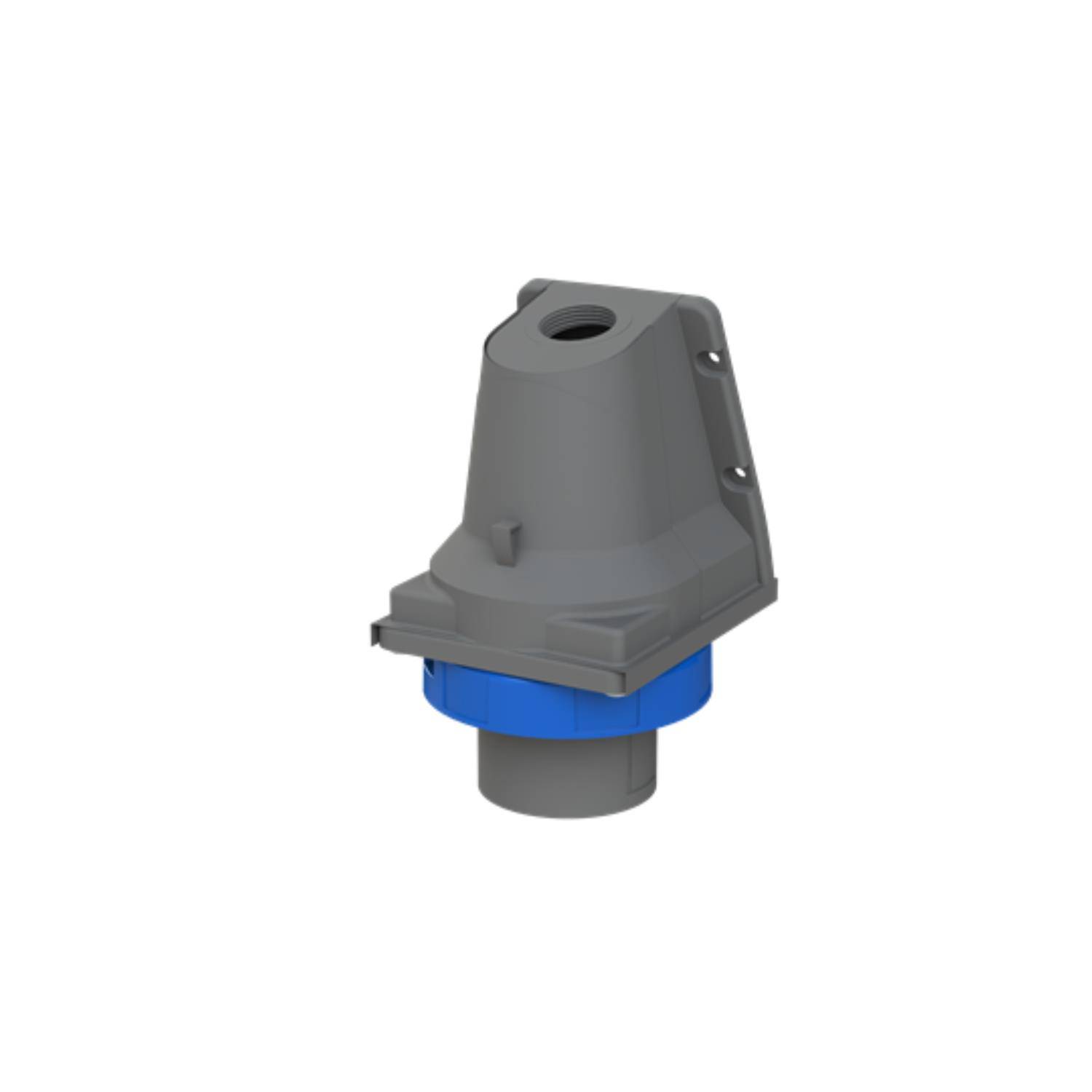 Eine 3D-Darstellung einer grauen und blauen industriellen Komponente mit konischer Form, ausgestattet mit einer Montagebasis und einem kreisförmigen Bodenelement.