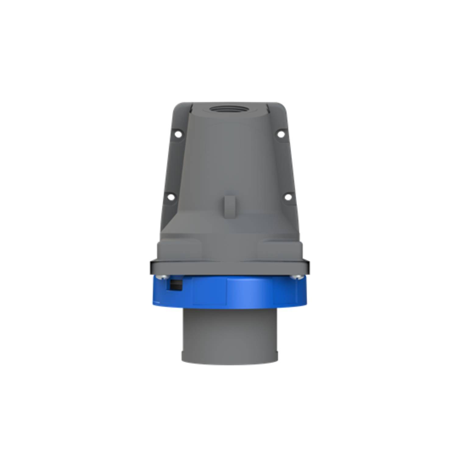 Ein grauer und blauer industrieller Stecker, konzipiert für robuste elektrische Verbindungen. Der Stecker verfügt über eine zylindrische Basis und einen abgewinkelten Kopf.