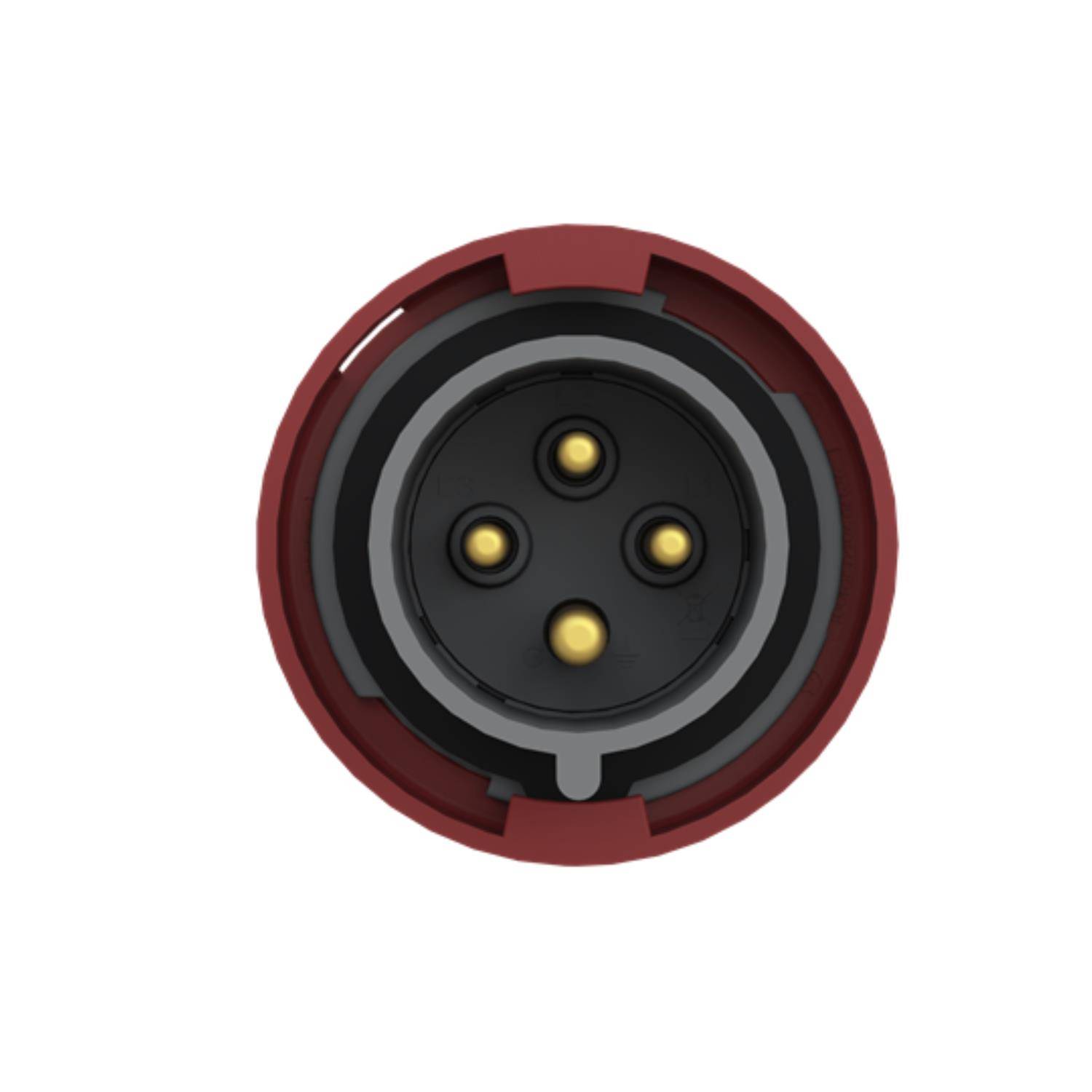 Ein kreisförmiger roter Stromstecker mit vier goldenen Pins im Inneren.