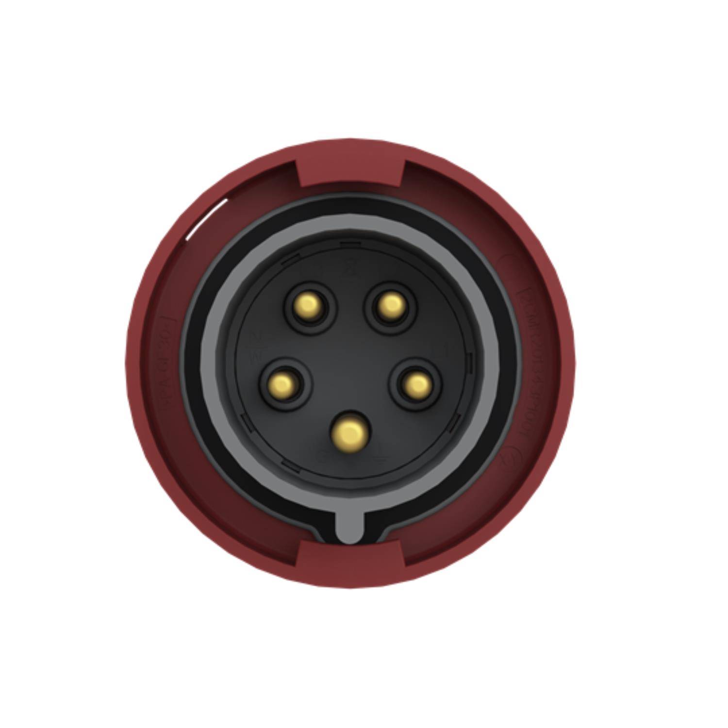 Ein roter kreisförmiger elektrischer Stecker mit fünf Stiftkontakten, von oben betrachtet.