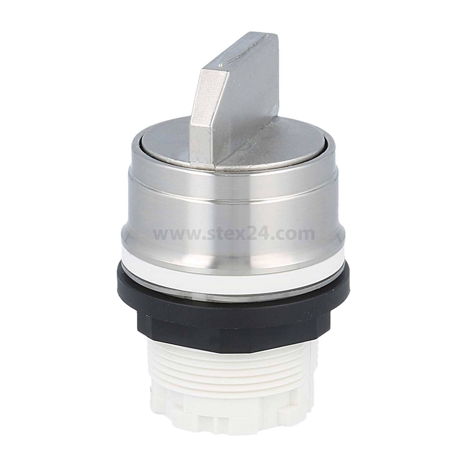 Ein Metall-Drehschalter mit einem rechteckigen Griff und einer weißen Gewindebase, verwendet für Schaltanlageninstallationen.