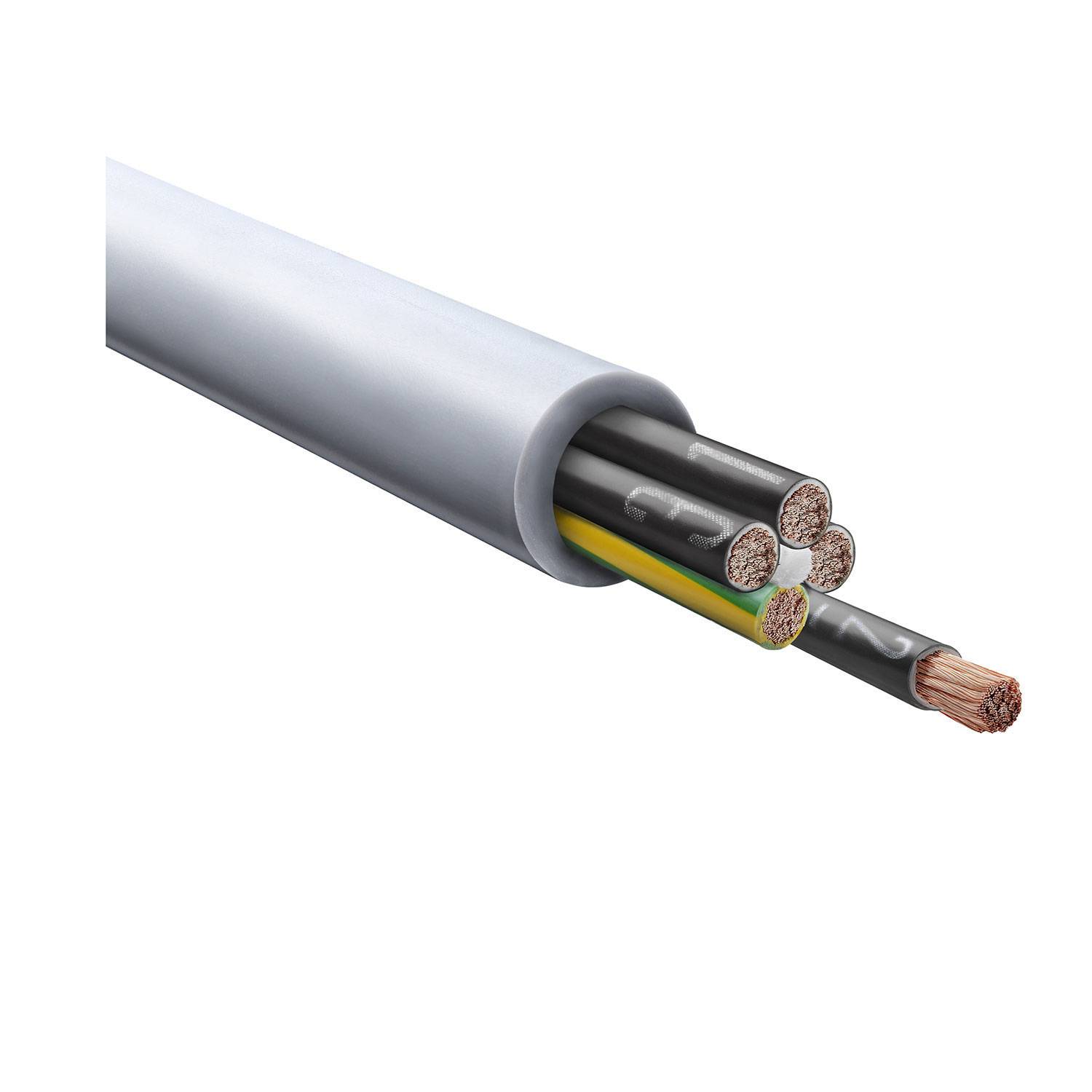 Ein Nahaufnahmefoto eines Querschnitts eines mehrädrigen elektrischen Kabels mit freigelegten Kupferdrähten, verwendet für Stromverteilung oder Telekommunikation.