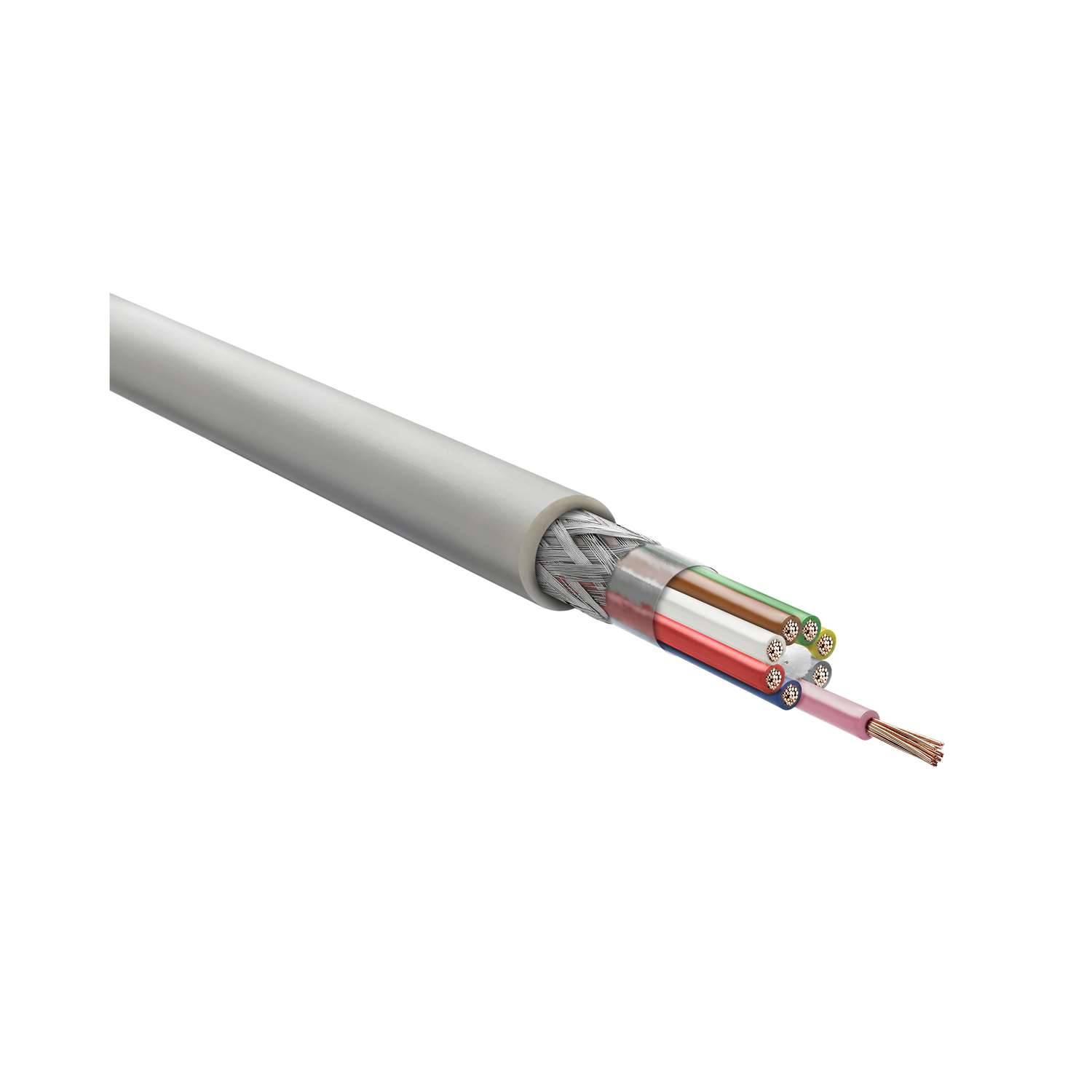 Ein mehradriges Elektrokabel mit freiliegenden farbigen Innenleitern für verschiedene Verbindungsmöglichkeiten, das die Isolierung und Kupferverdrahtung zeigt.