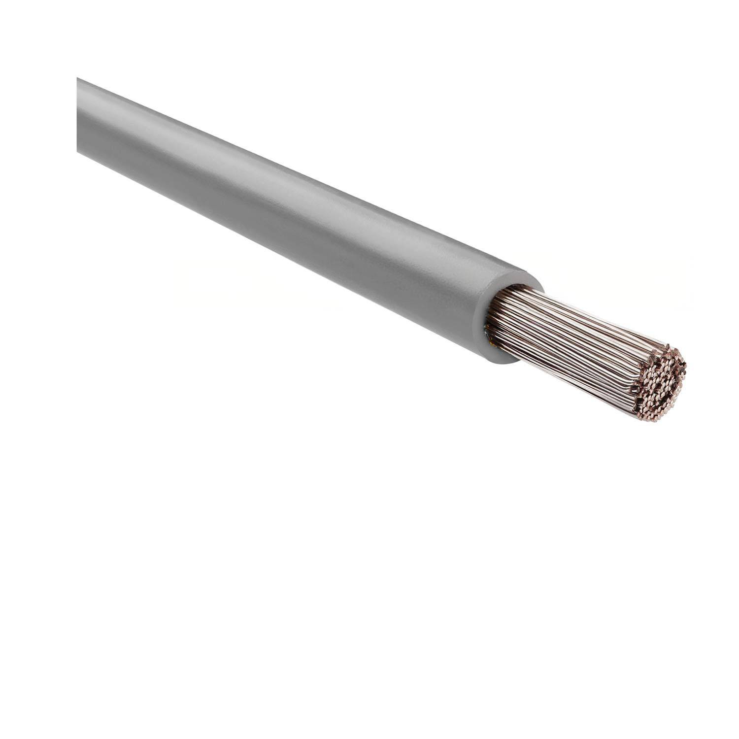 Eine Nahaufnahme eines grauen isolierten elektrischen Kabels, die die freigelegten Kupferstränge am Ende zeigt.