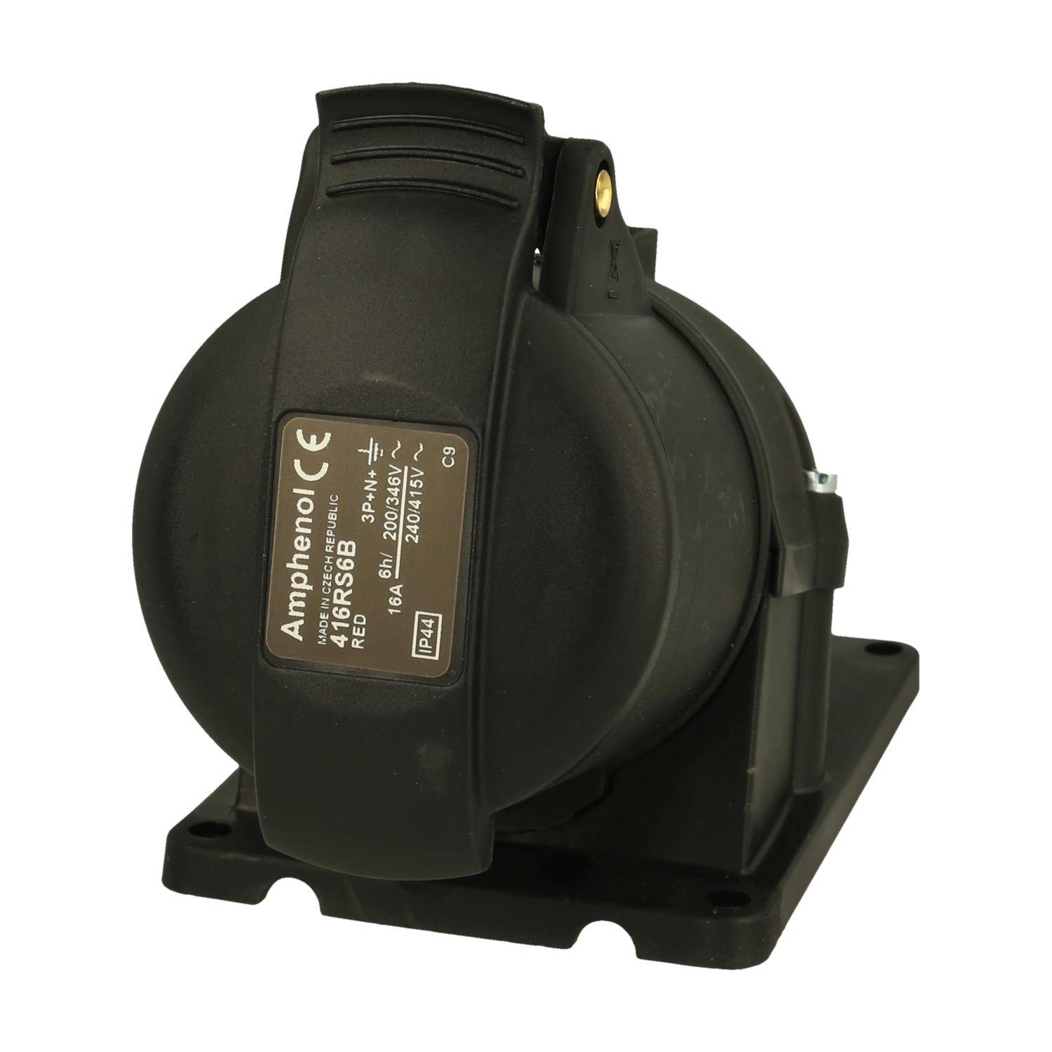 Schwarzer industrieller Stecker mit einer kreisförmigen Gestaltung, beschriftet mit 'Amphenol 48R6SBB', ausgelegt für 200-250V und 6A, auf einer quadratischen Basis montiert.