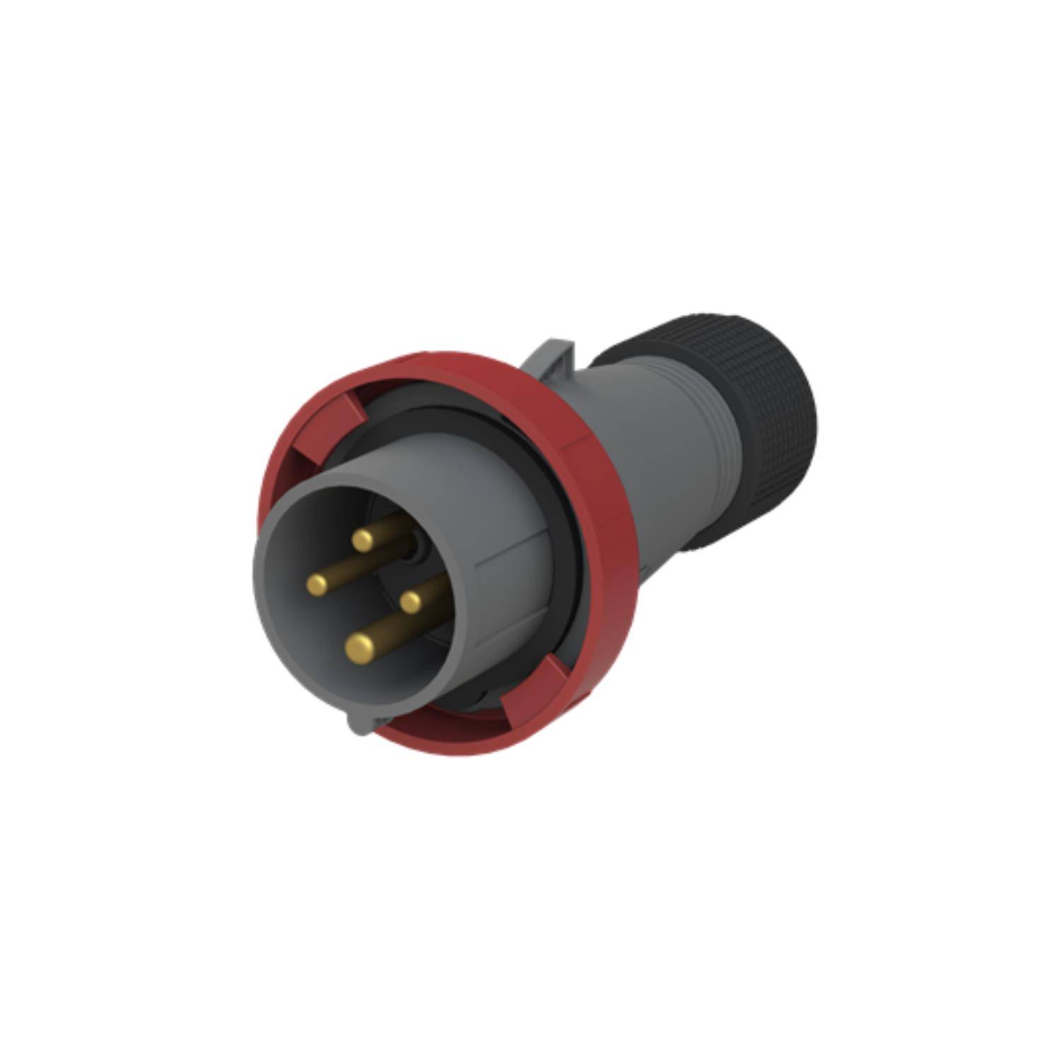 Ein dreipinniger männlicher elektrischer Stecker mit roter Gehäuse und grauem Körper, konzipiert für industrielle Anwendungen.
