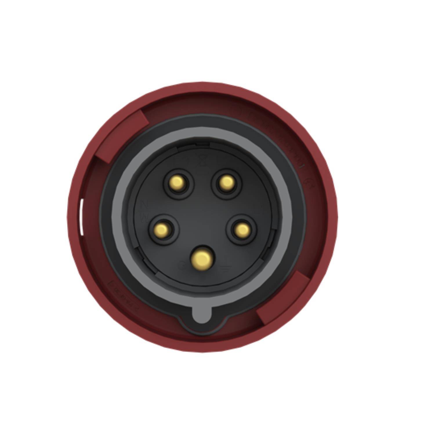 Ein kreisförmiger, fünfpoliger industrieller Stromstecker mit rotem Außengehäuse und goldenen Kontakten, von der Steckerfläche aus gesehen.