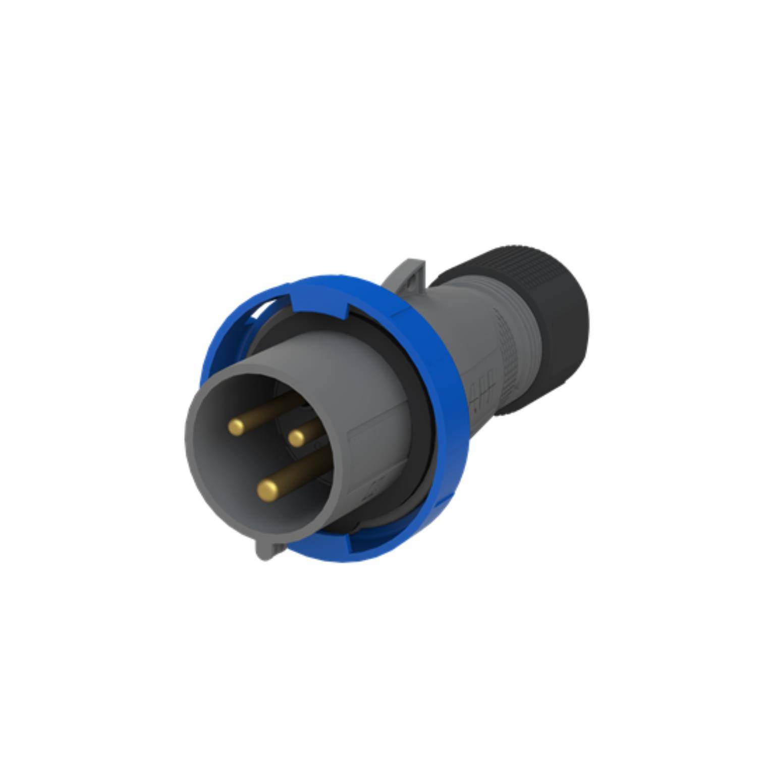Ein grauer und blauer industrieller Stecker mit drei Messingbolzen, konzipiert für elektrische Anschlüsse.