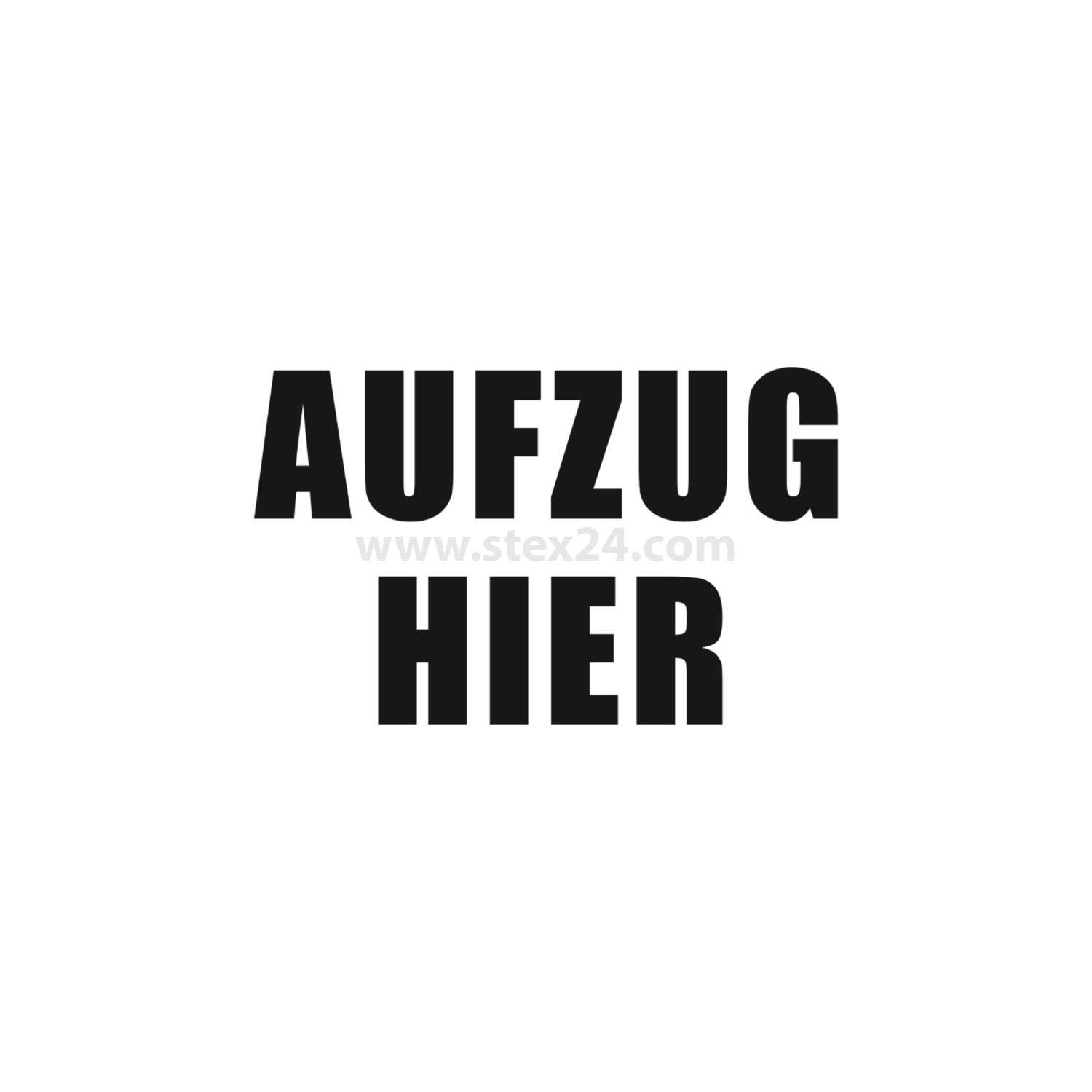 Das Bild zeigt den Text 'AUFZUG HIER' in fetten schwarzen Buchstaben auf weißem Hintergrund, was den Standort des Aufzugs anzeigt.